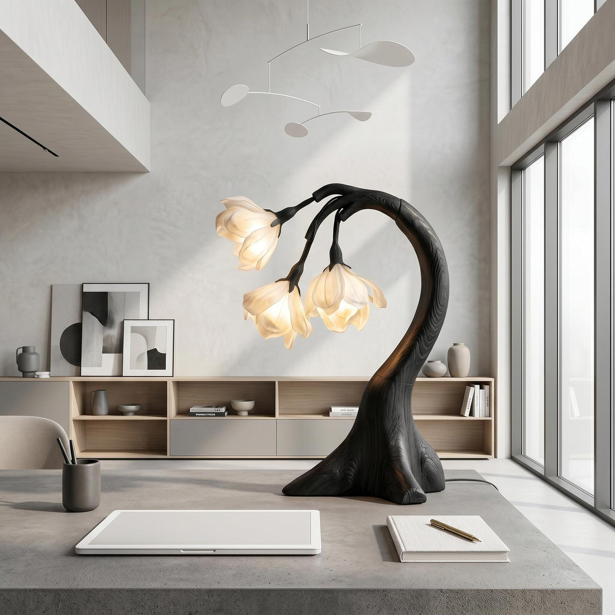 Modern Floral Table Lamp with Sculptural Curved Wood Base, Elegant Bedside Desk Nightstand Reading Light