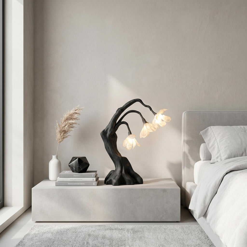 Modern Floral Table Lamp with Sculptural Driftwood Base, Handcrafted Wood Bedside Desk Nightstand Night Light