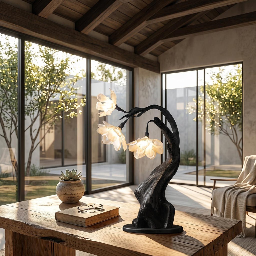 Contemporary Floral Table Lamp with Twisted Solid Wood Base, Elegant Bedside Desk Nightstand Light For Living Room