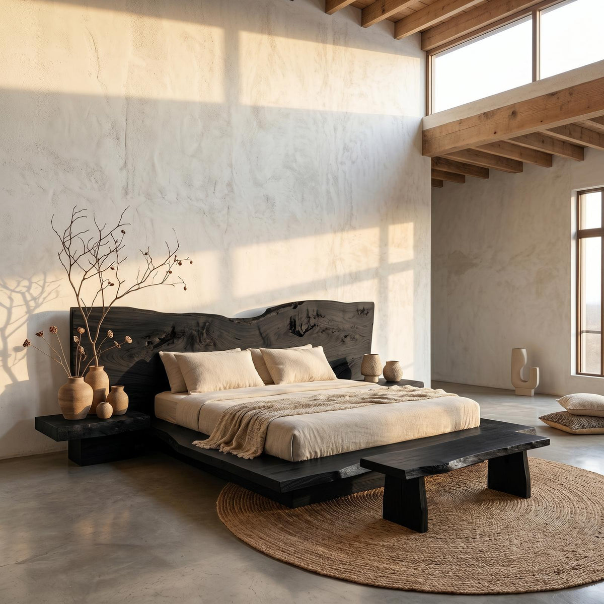 Spry Interior Rustic Live Edge Bed Frame with Handcrafted Sculptural Headboard, Solid Wood Platform Bed for Bedroom, SINLSAWB124