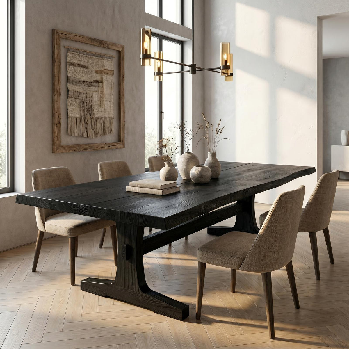 Organic Live Edge Dining Table with Waterfall Wood Base, Rustic Solid Wood Kitchen Table for Dining Room