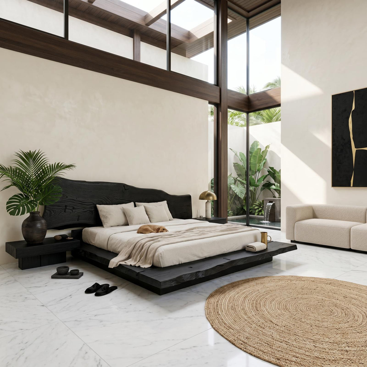 Organic Sculptural Bed Frame With Handcrafted Solid Wood Headboard And Floating Platform Design For Bedroom SINLSAWB127