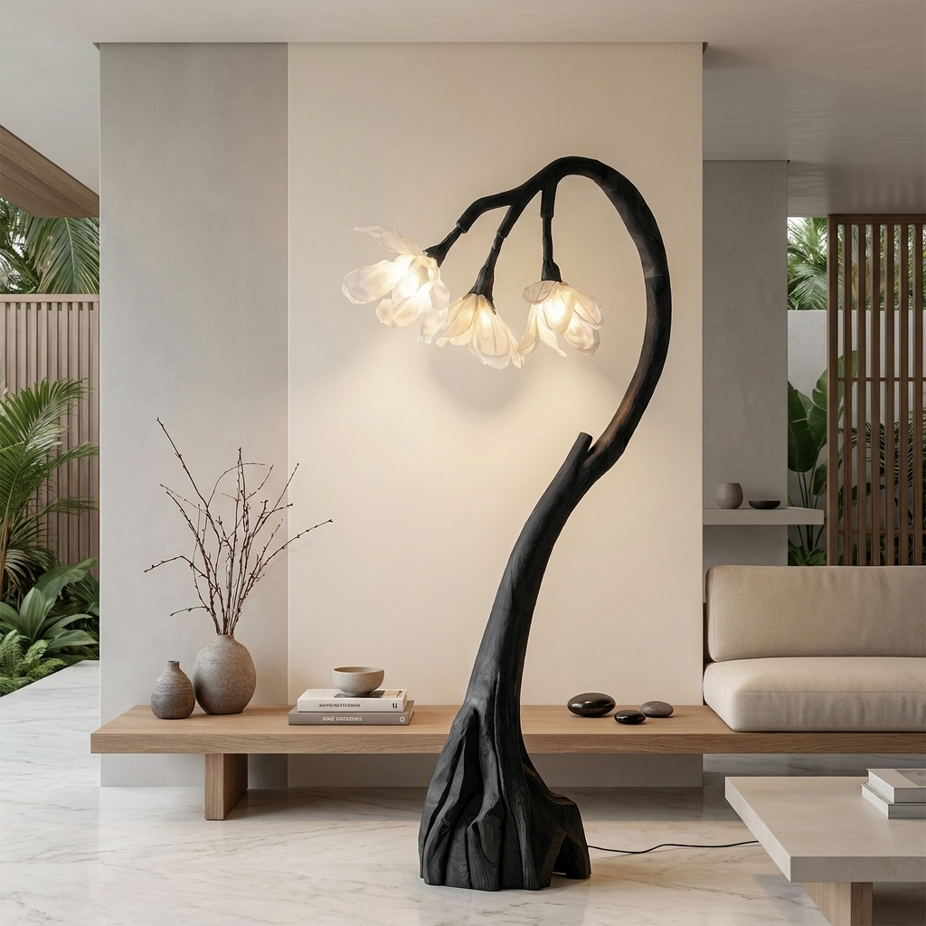 Floral Floor Lamp with Organic Wood Base, Handcrafted Flower Shape Tall Standing Reading Light for Cozy Living Room