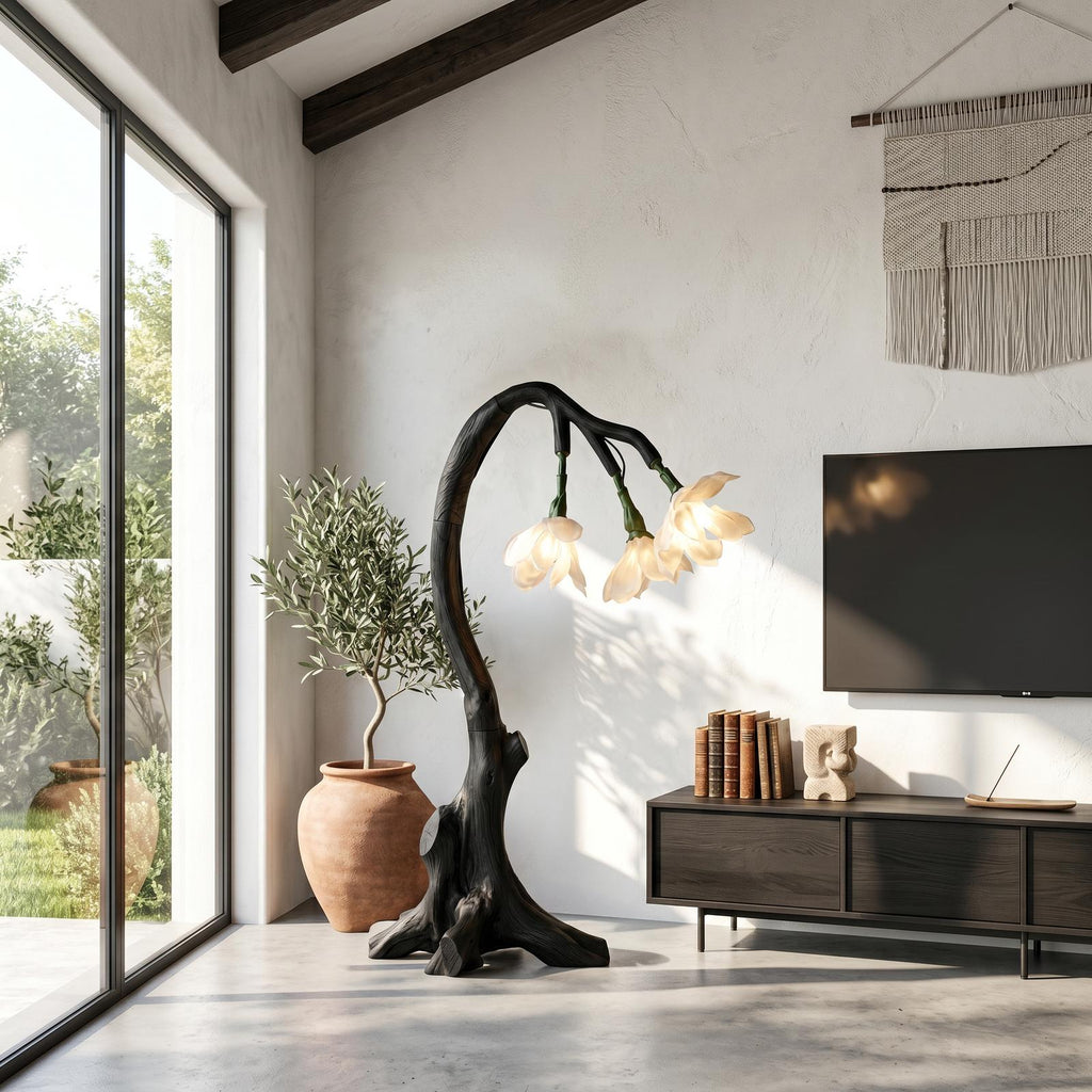 Organic Modern Floral Floor Lamp, Nature-Inspired Wooden Flower Leaf Standing Light for Bedroom, Model