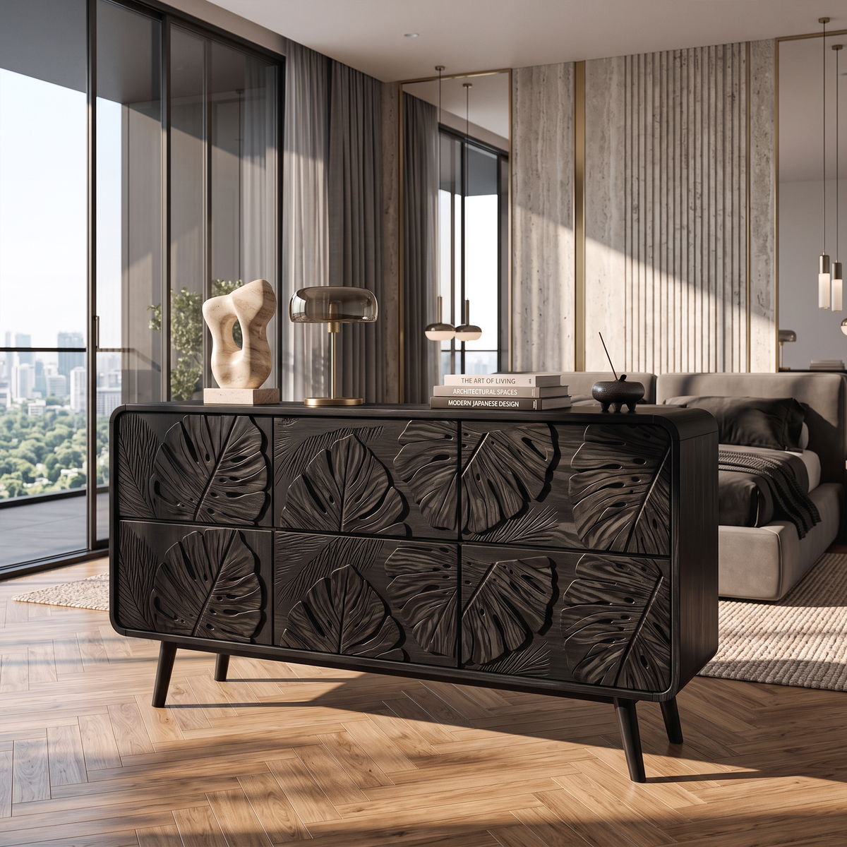Rustic Dresser With Carved Floral Front For Bed Room SINLKIDR004