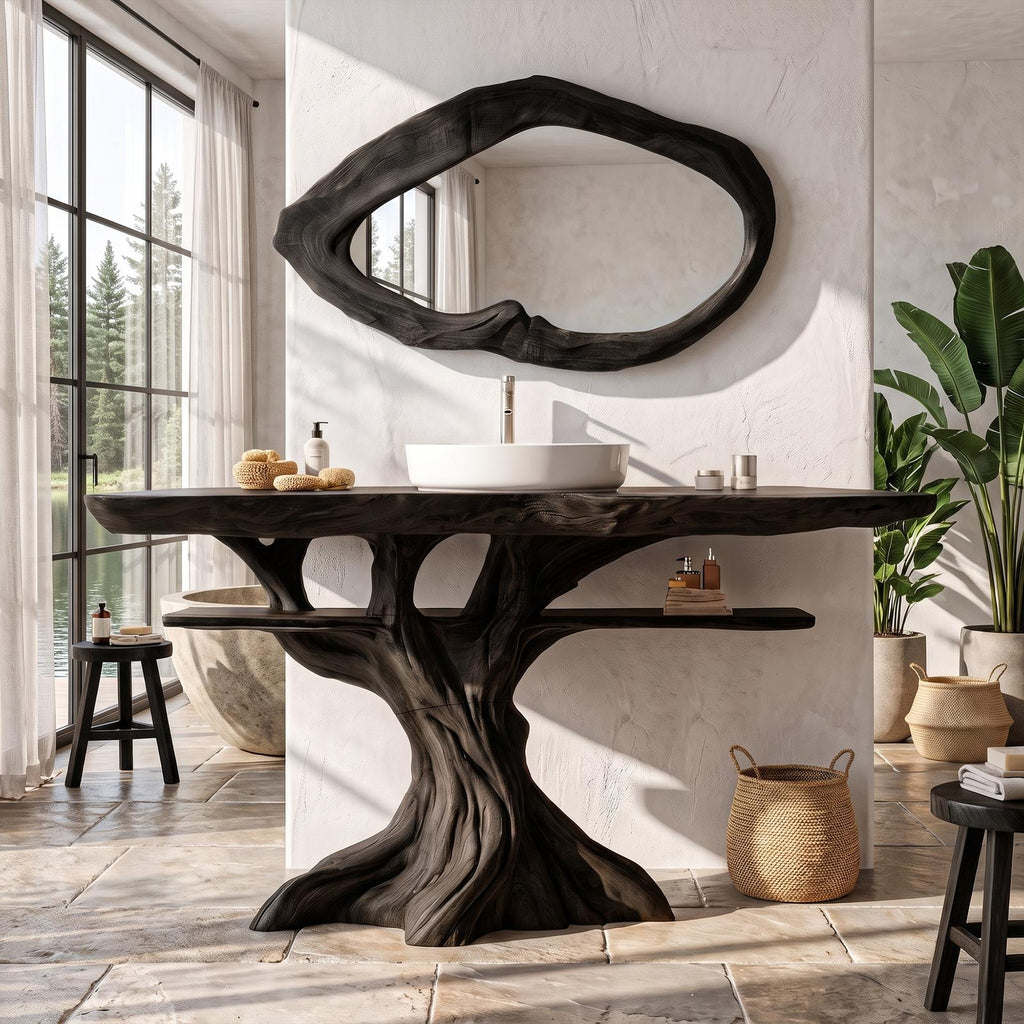 Contemporary Wooden Bathroom Vanity With Tree Inspired Frame For Bathroom