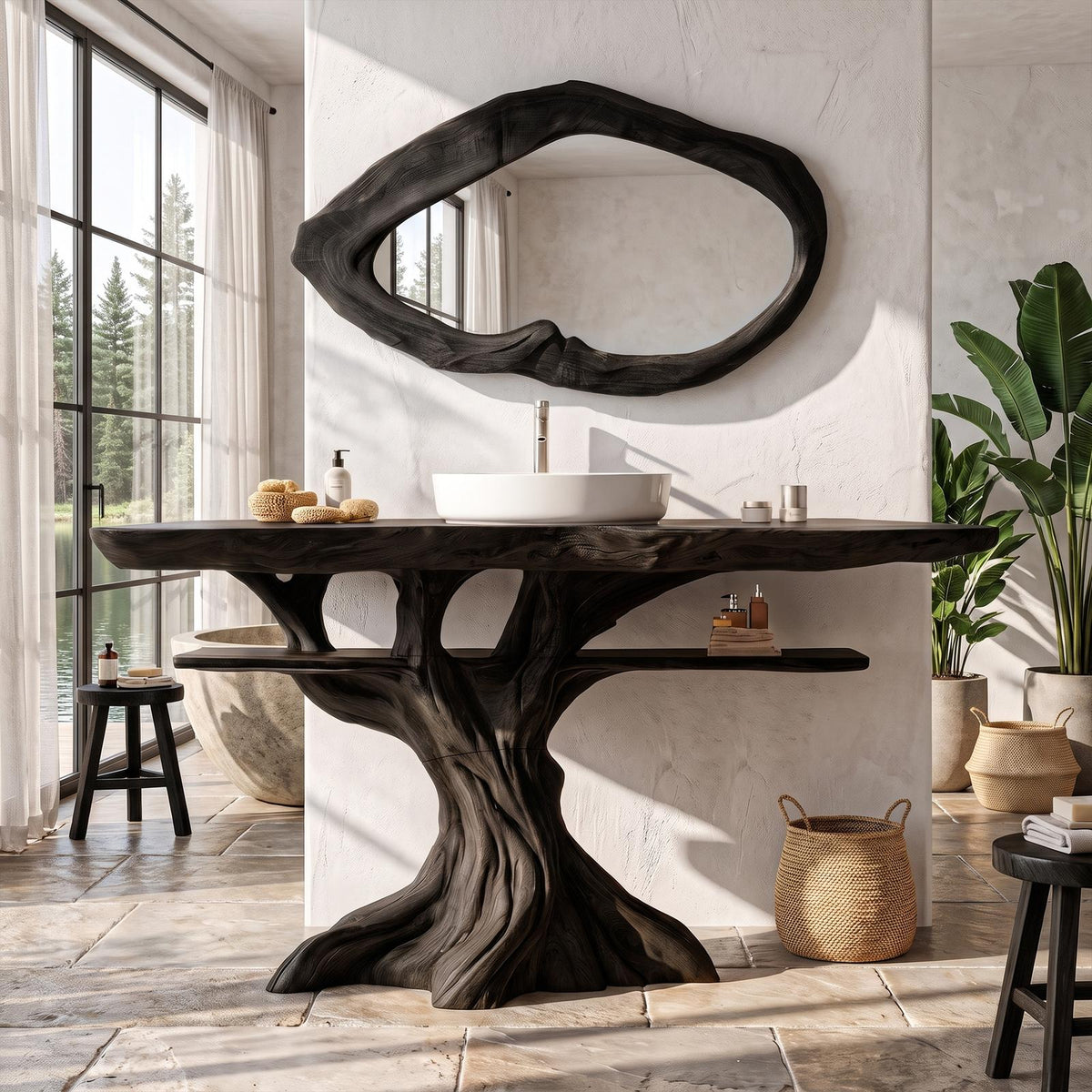 Contemporary Wooden Bathroom Vanity With Tree Inspired Frame For Bathroom