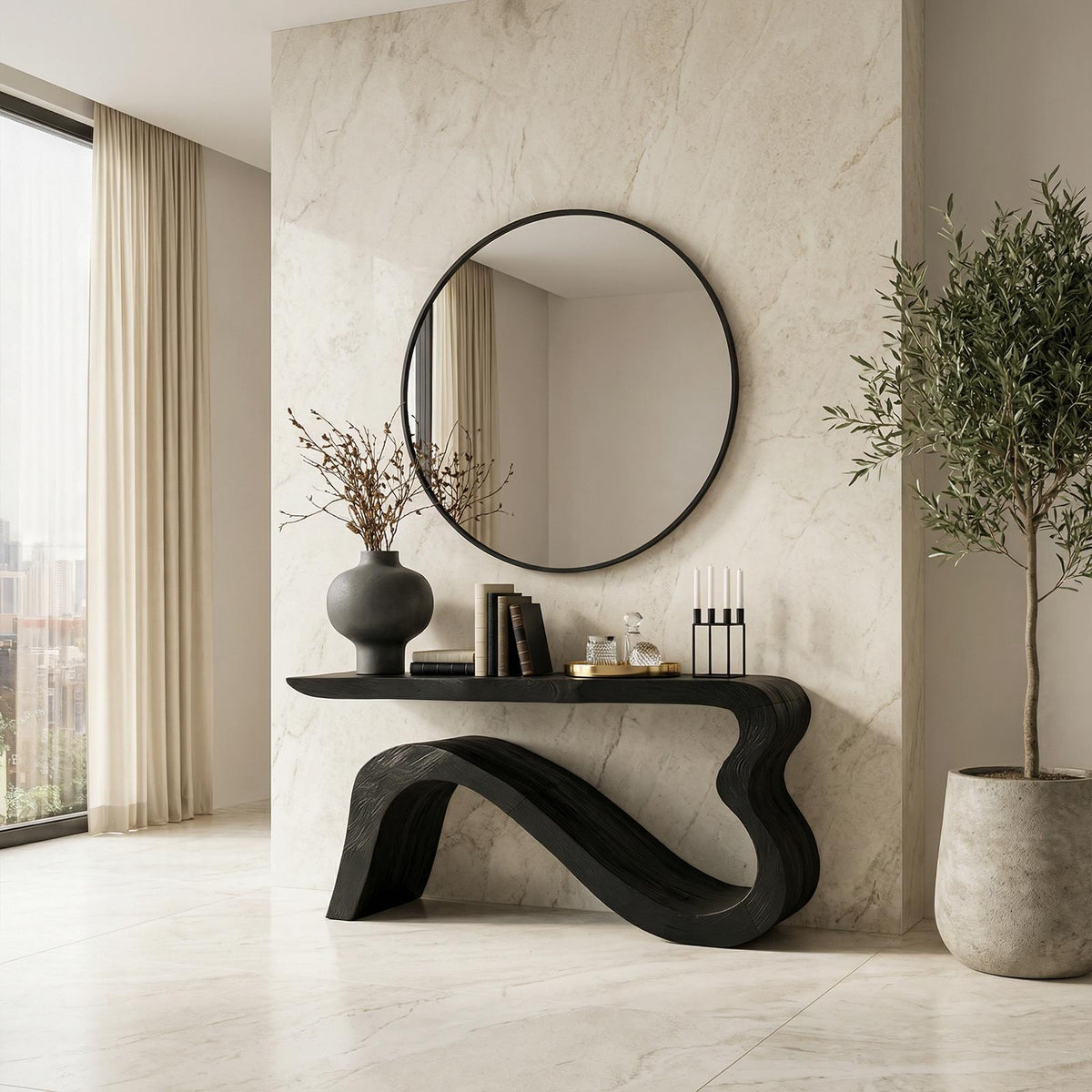 Spry Interior Contemporary Wave Console Table, Solid Wood Soft Curved Sculptural Base Entryway Accent Table, SINLKICS552