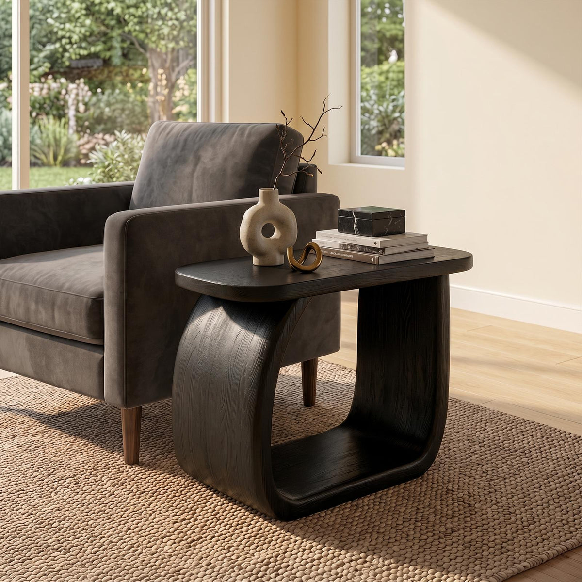 Spry Interior Minimal Wooden Bedside Table with Curved Open Frame, Handcrafted Modern Side Table & Nightstand for Living Room, SINLKIBT244