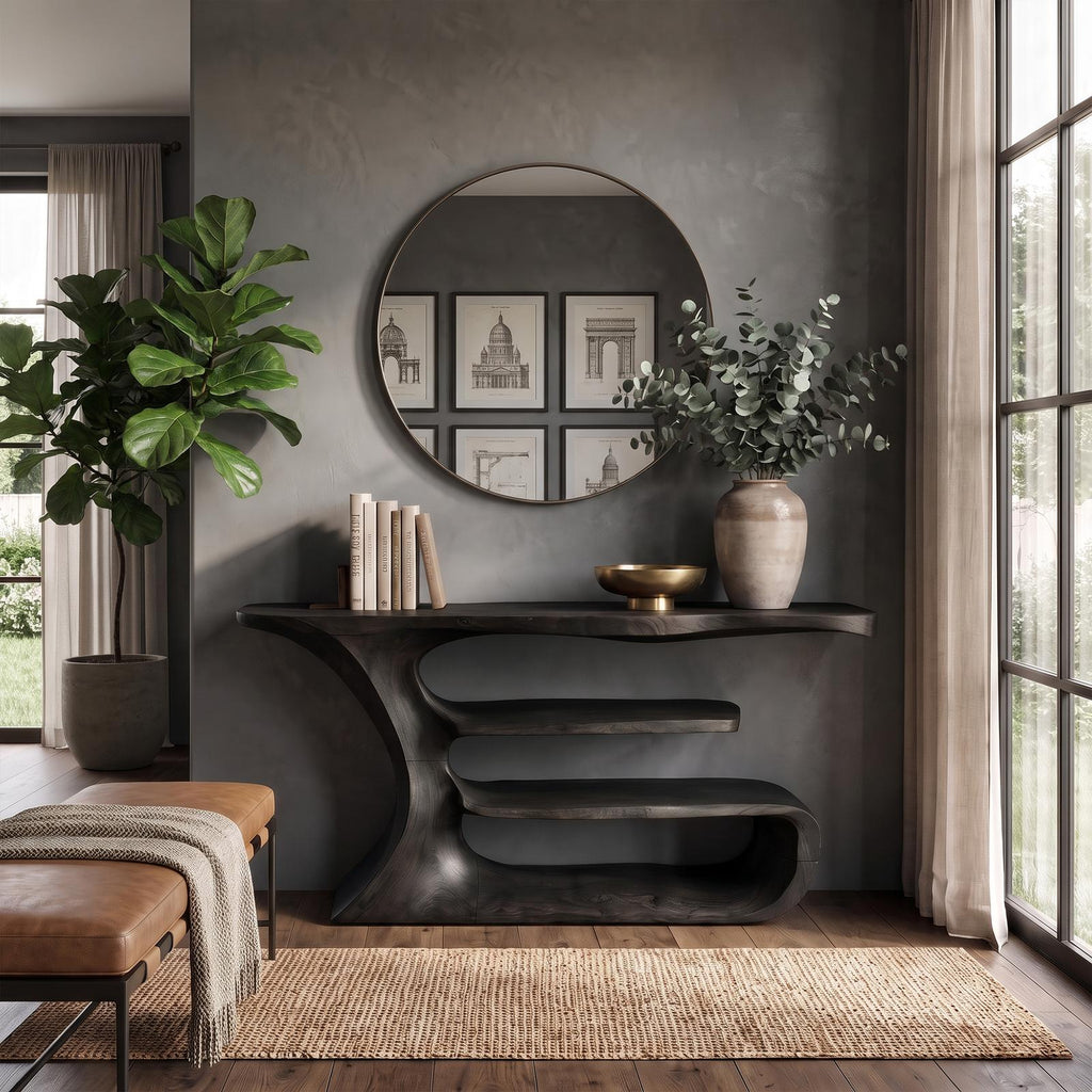 Sculptural Console Table, Solid Wood Artistic Accent Sofa Table for Elegant Living Room & Foyer