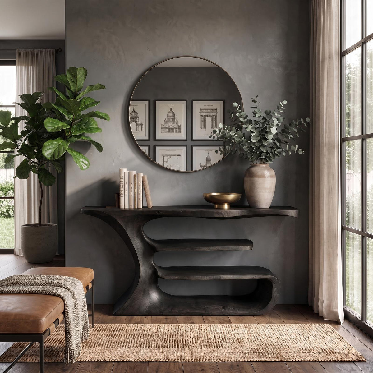 Sculptural Console Table, Solid Wood Artistic Accent Sofa Table for Elegant Living Room & Foyer