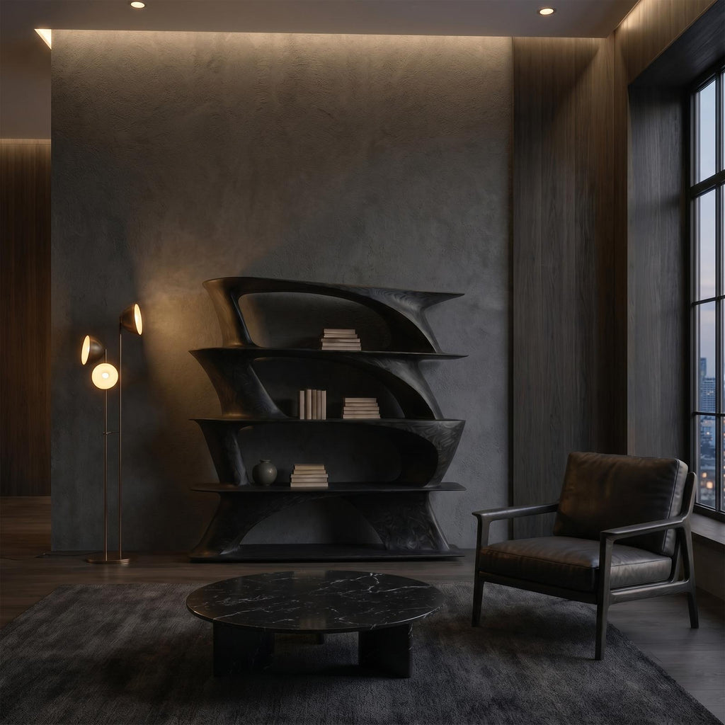 Organic Sculptural Bookshelf with Asymmetrical Open Shelves, Wooden Geometric Bookcase Display, Model