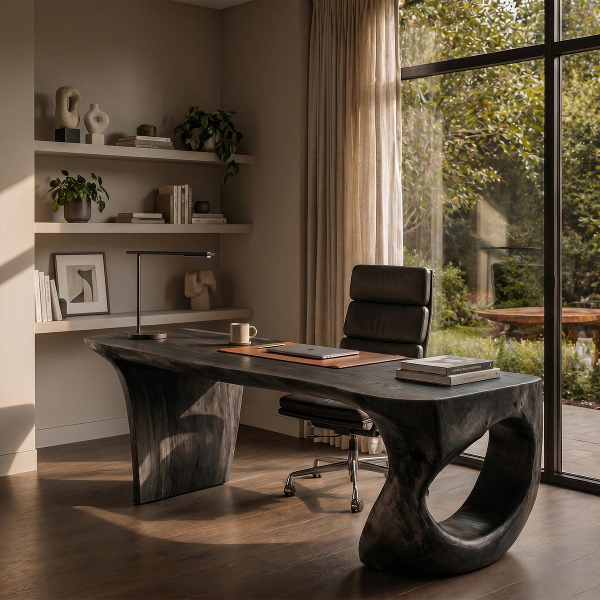 Contemporary Desk, Sculptural Loop Solid Wood Base & Writing Study Table for Executive Home Office