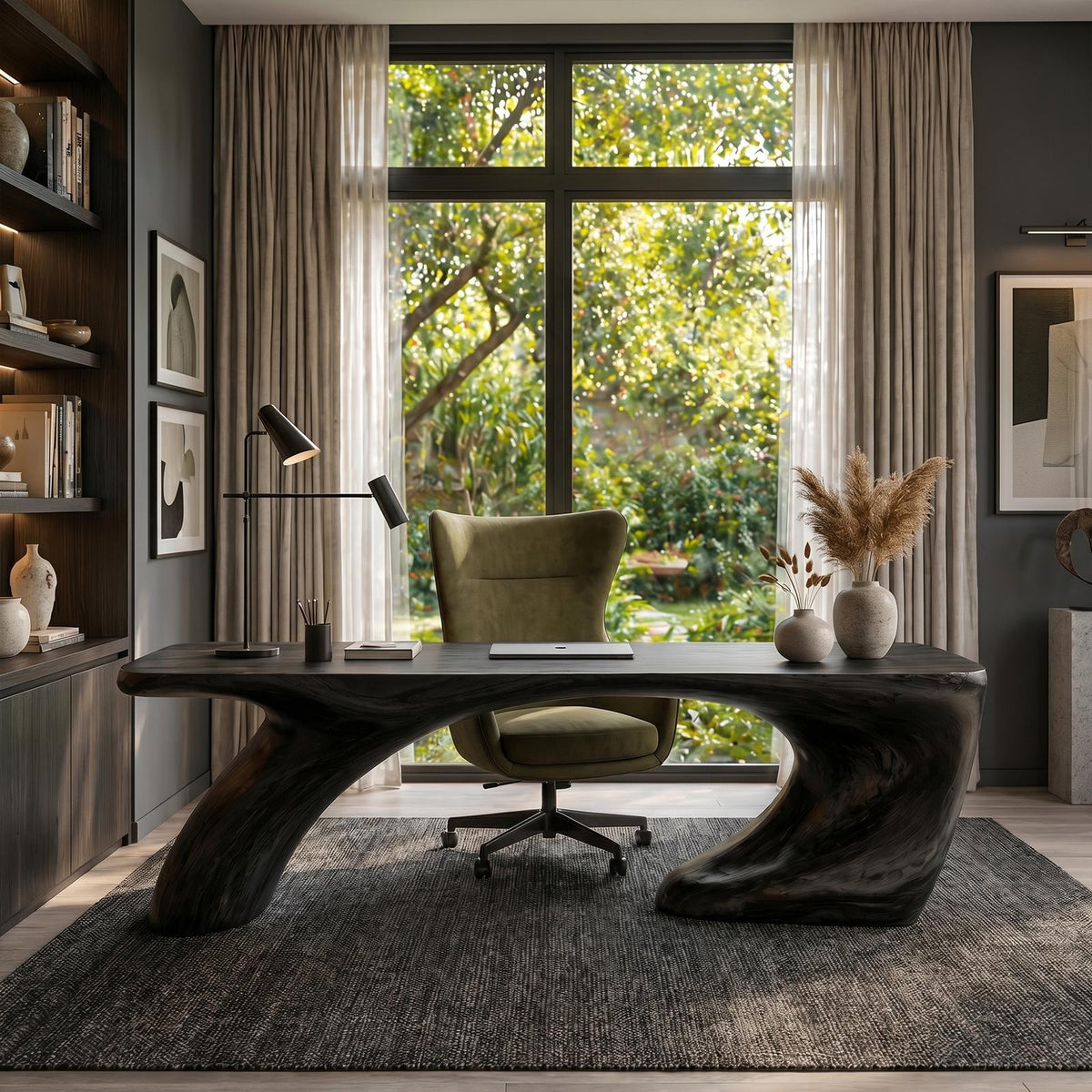 Modern Organic Desk, Sculptural Curved Solid Wood Base & Writing Table for Home Office Workspace