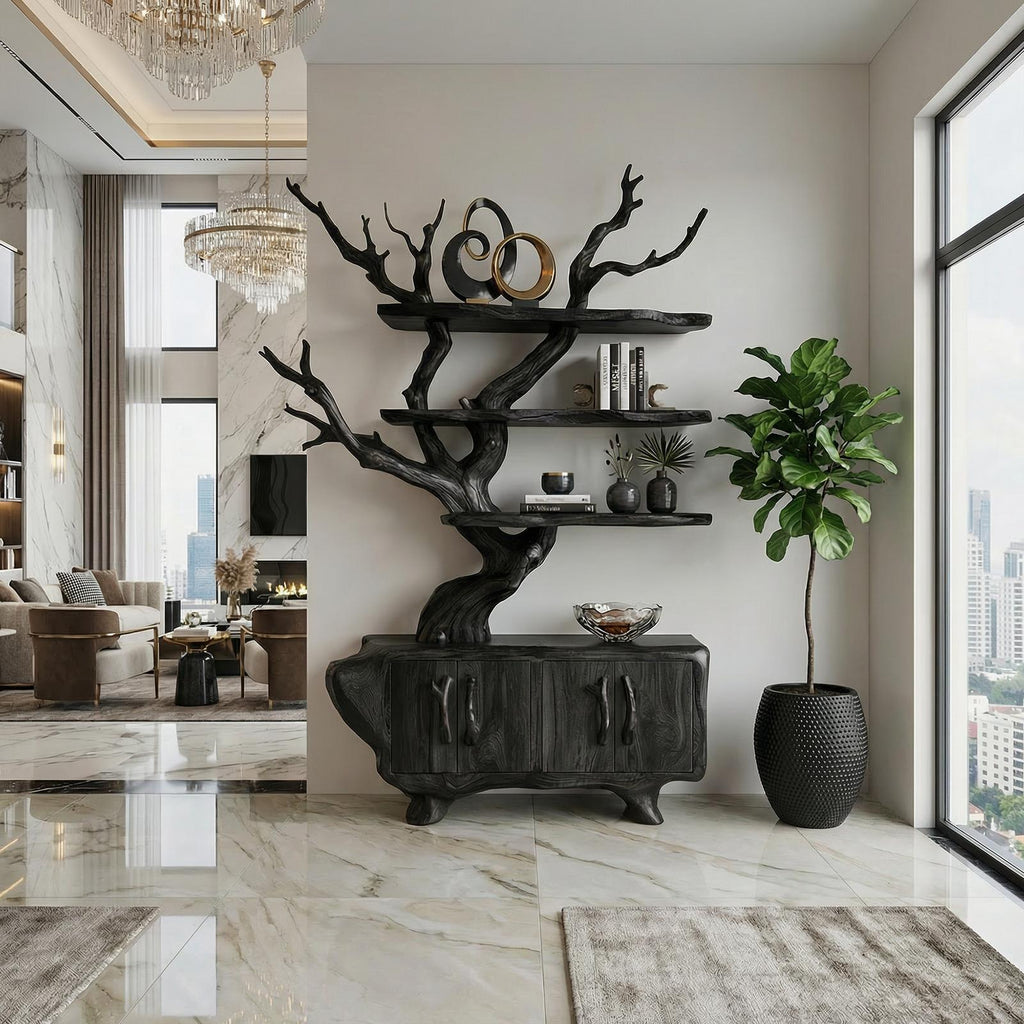 Tree Branch Bookshelf with Storage Cabinet, Solid Wood Artistic Bookcase, Modern Living Room display Unit