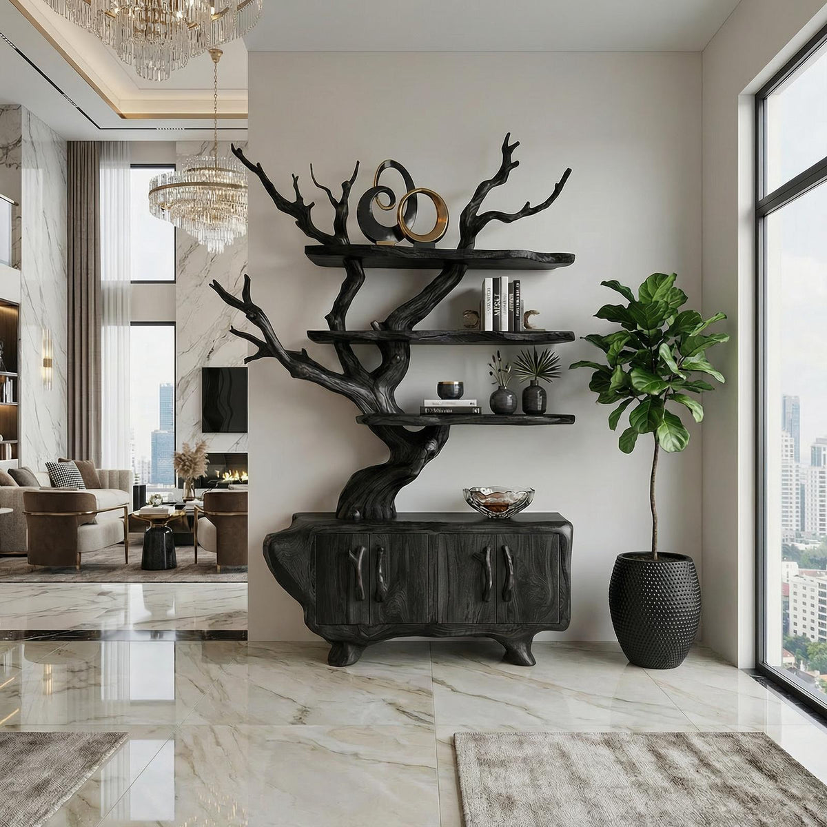Tree Branch Bookshelf with Storage Cabinet, Solid Wood Artistic Bookcase, Modern Living Room display Unit