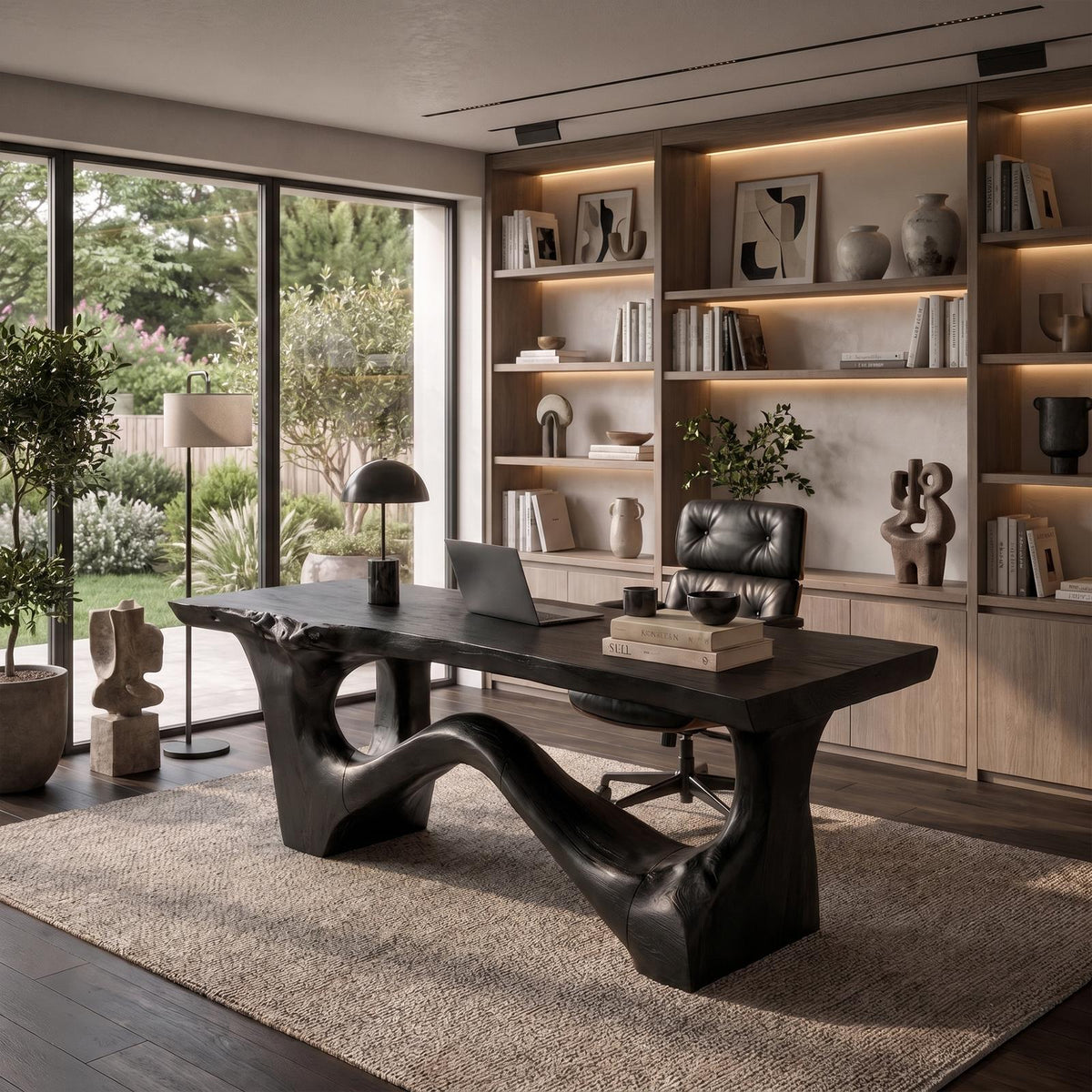 Organic Sculptural Desk, Asymmetrical Solid Wood Base & Writing Desk Top for Office & Study