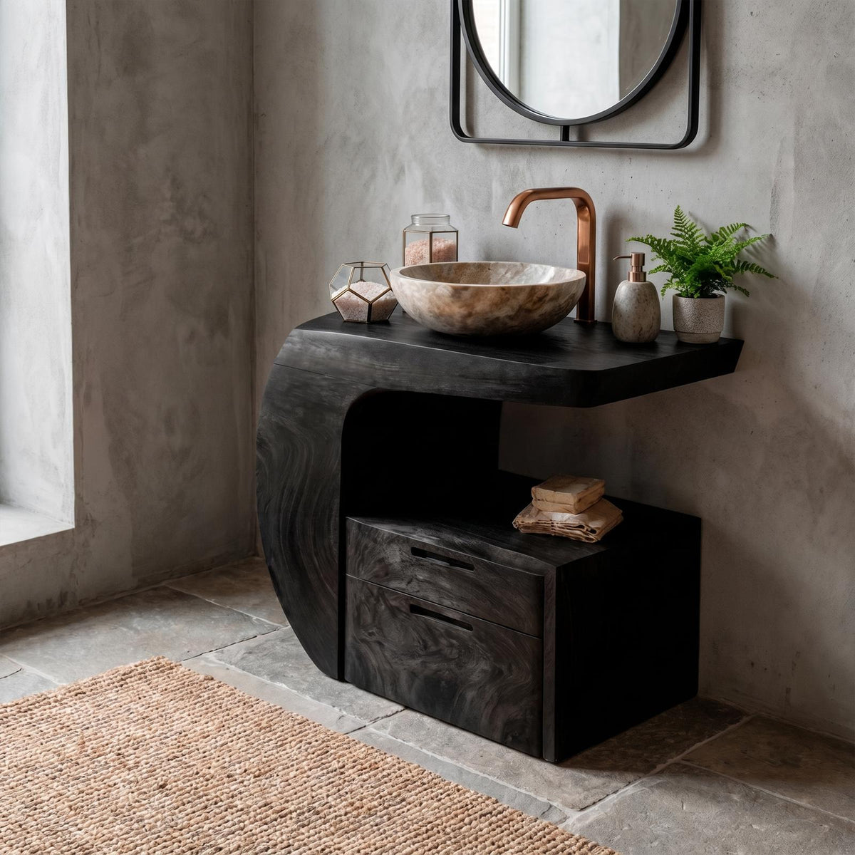 Spry Interior Modern Organic Wooden Bathroom Vanity with Storage Cabinet, Handcrafted Natural Wood Sink Console for Powder Room, SINLKIBRV303