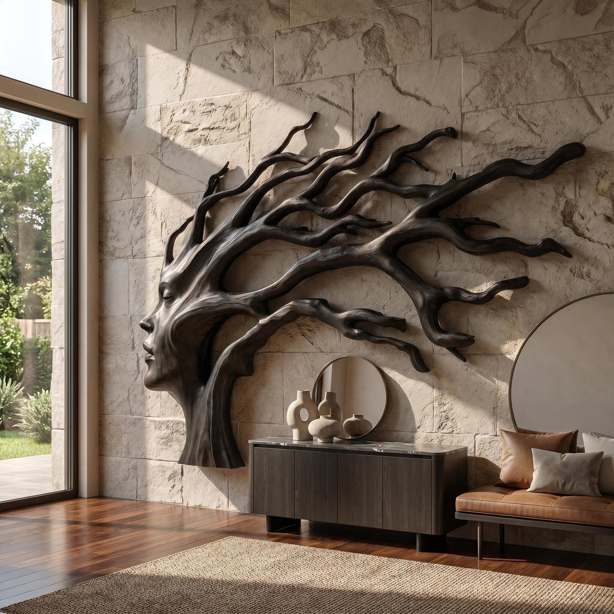 Organic Tree Wall Art, Handcrafted Sculptural Branch Solid Wood Hanging Decor for Living Room & Foyer