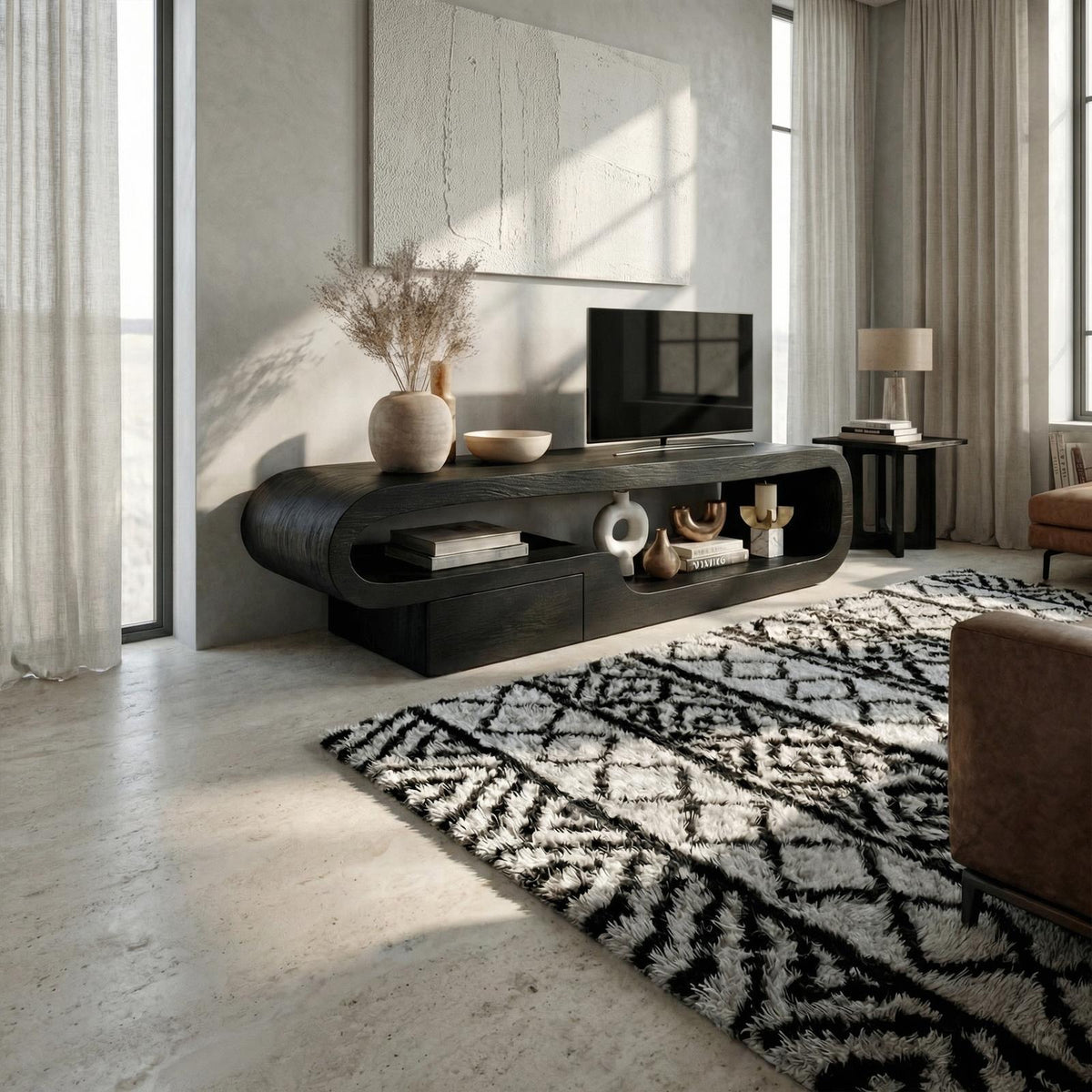 Scandinavian TV Cabinet, Solid Wood Low Profile Media Console Table, Modern Living Room TV Stand Unit