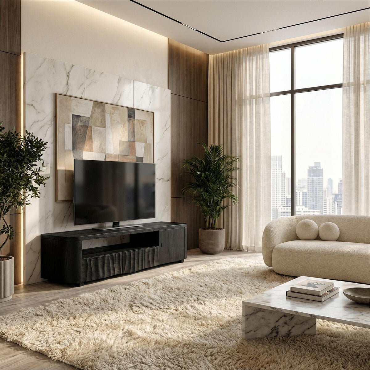 Modern TV Cabinet, Solid Wood Media Console with Storage Drawer & Shelves for Living Room