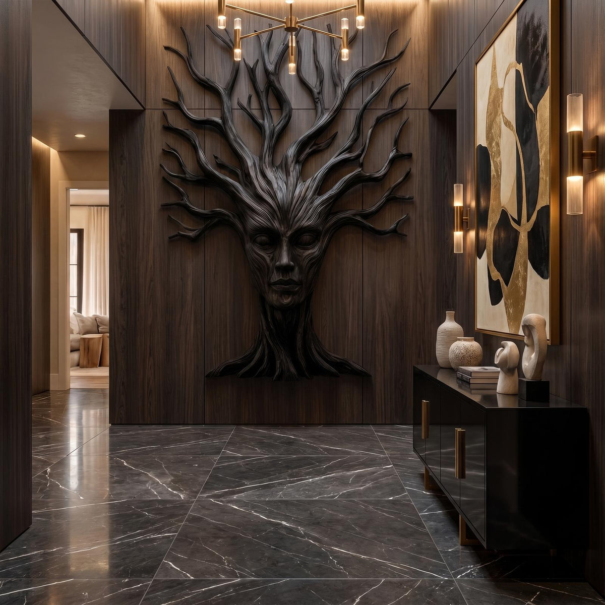 Mystical Tree Spirit Wooden Wall Art, Hand-Carved Sculptural Face Design Decor for Entryway & Living Room
