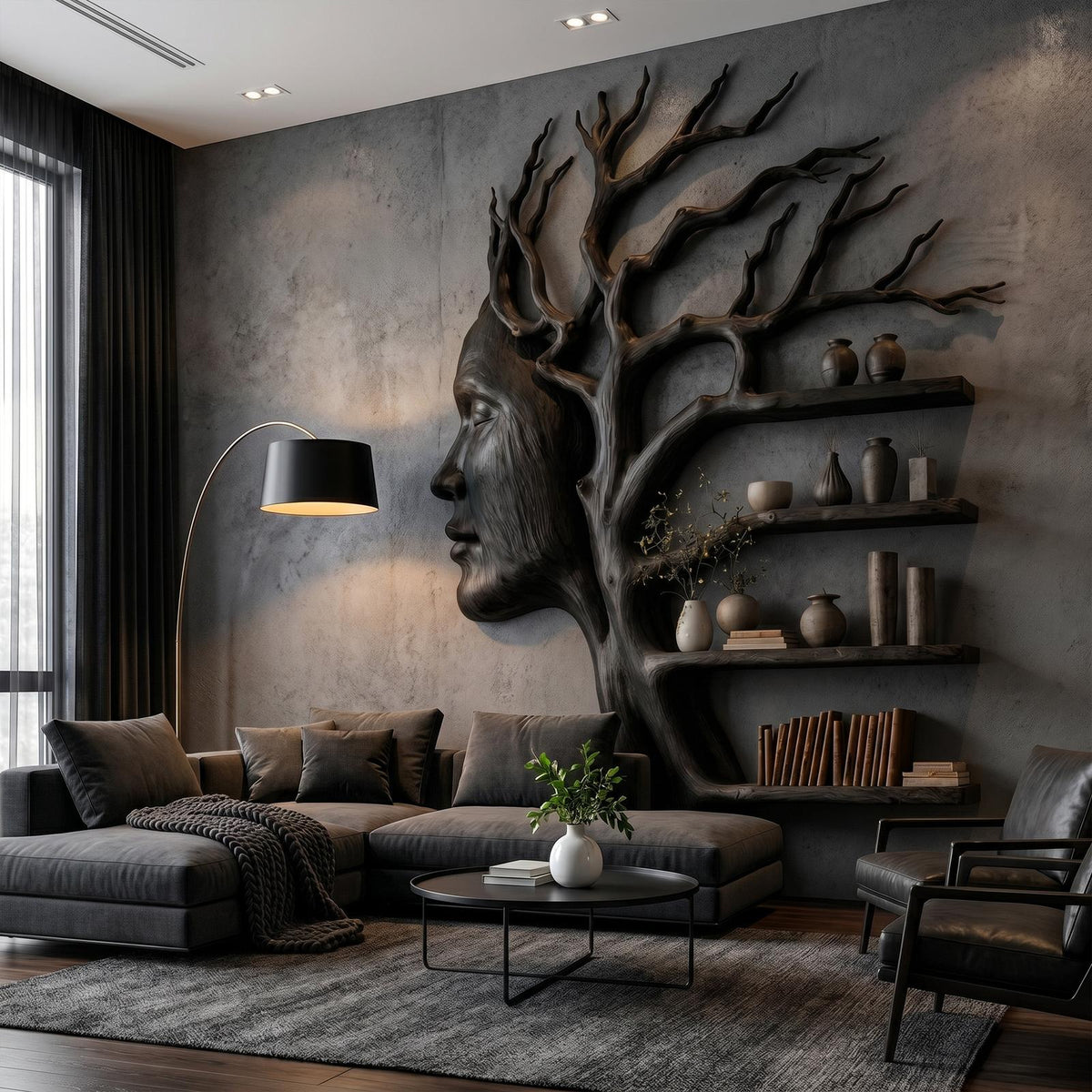 Fantasy Tree Bookshelf, Sculptural Face Design & Solid Wood Integrated Branch Shelves for Kids Room & Study