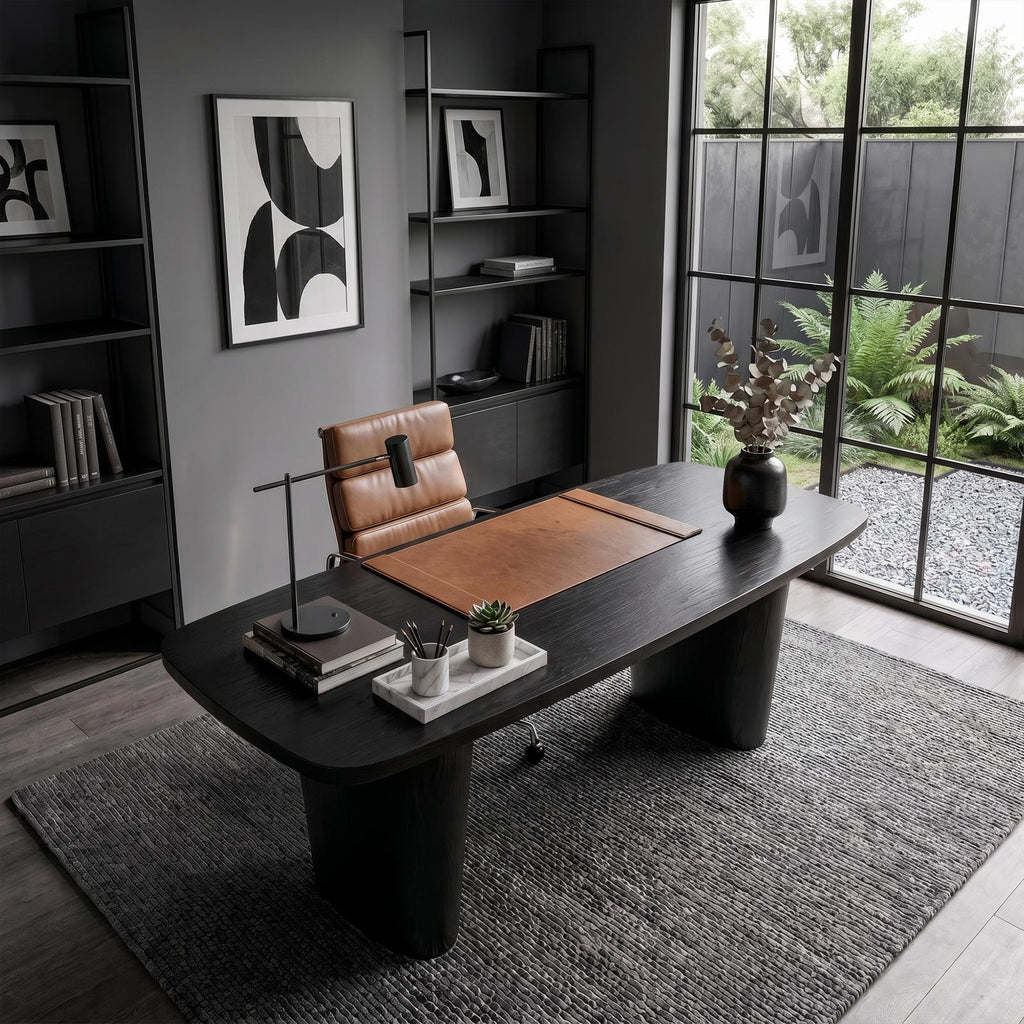 Modern Executive Wooden Desk, Sculptural Solid Wood Base Writing Desk for Home Office & Workspace