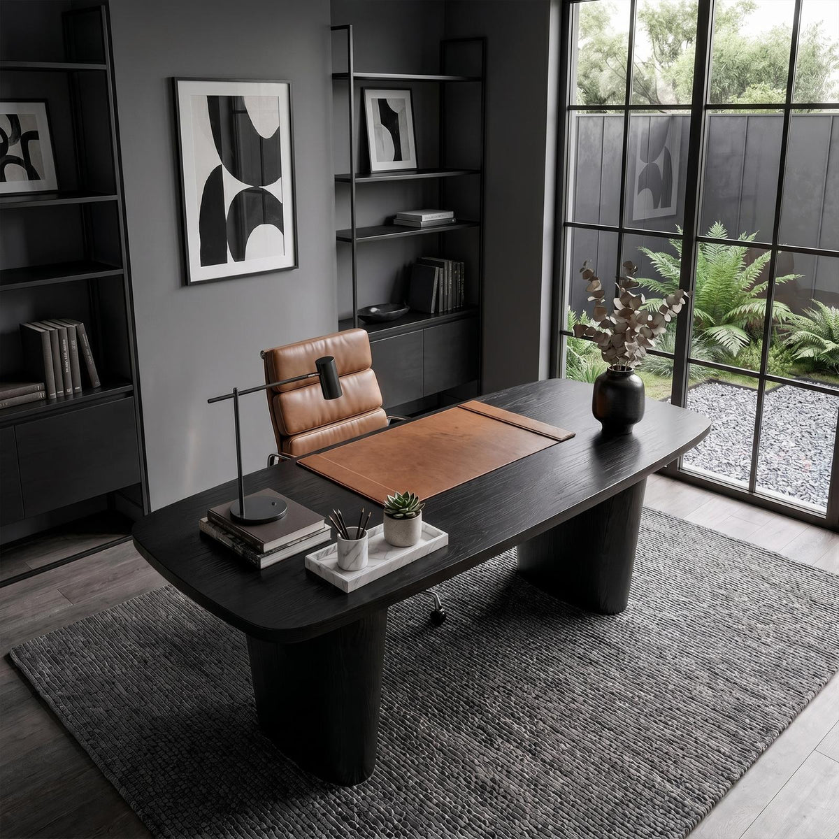 Modern Executive Wooden Desk, Sculptural Solid Wood Base Writing Desk for Home Office & Workspace
