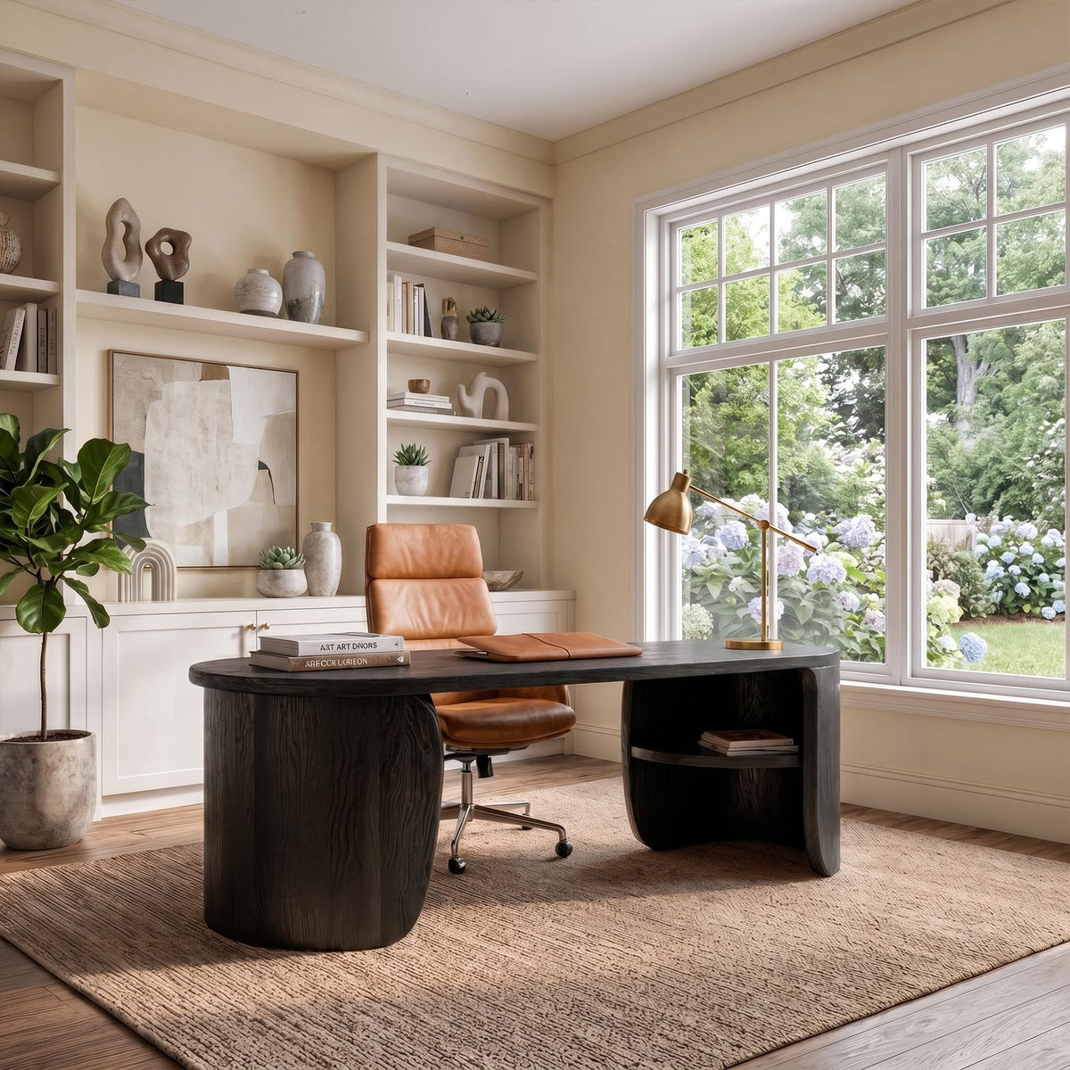 Minimalist Solid Wood Desk, Clean Lines Writing Desk with Built-In Storage Drawers for Home Office