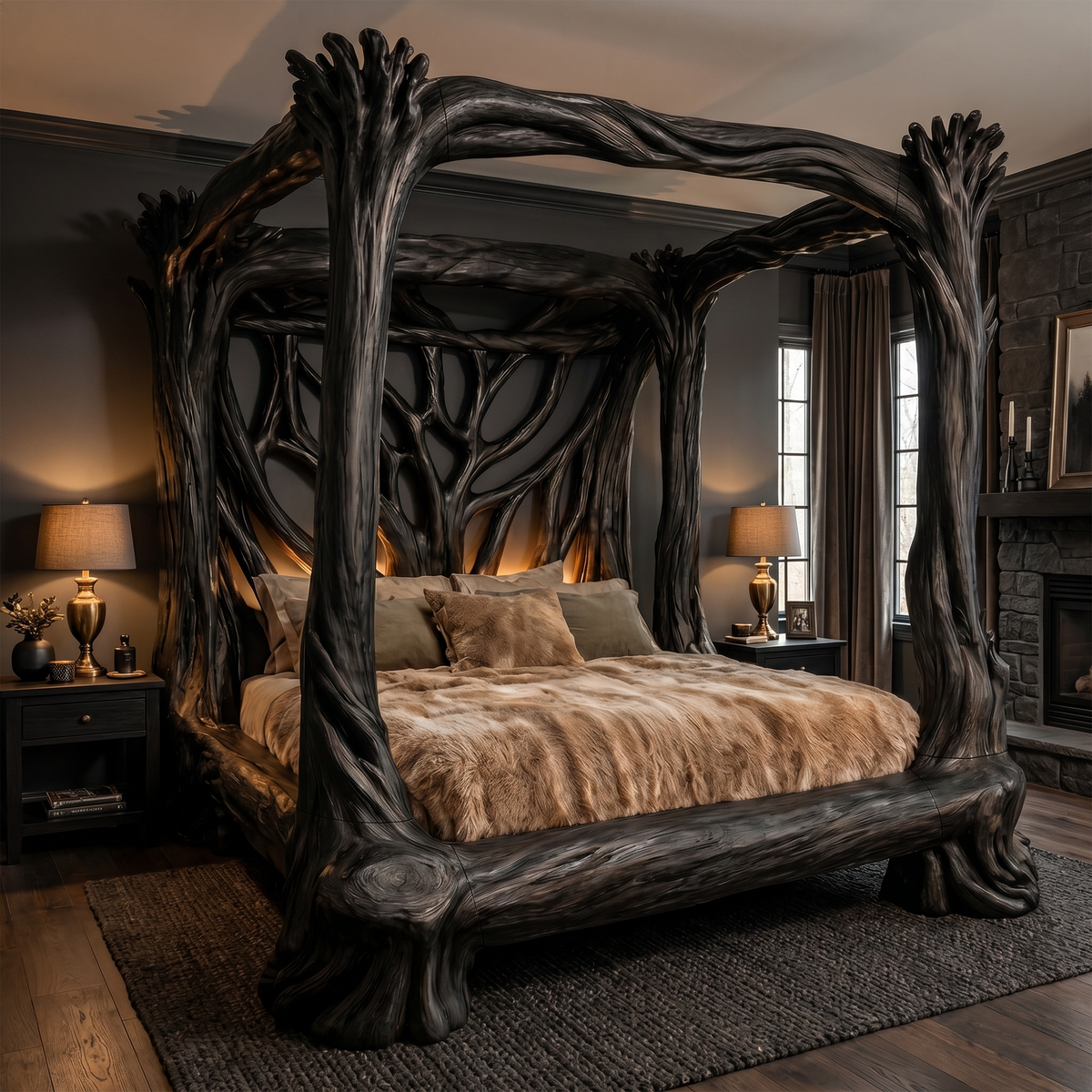 Spry Interior Organic Sculptural Canopy Bed, Handcrafted Tree Branch Solid Wood Queen King Bed Frame for Luxury Bedroom, SINLKIWB120