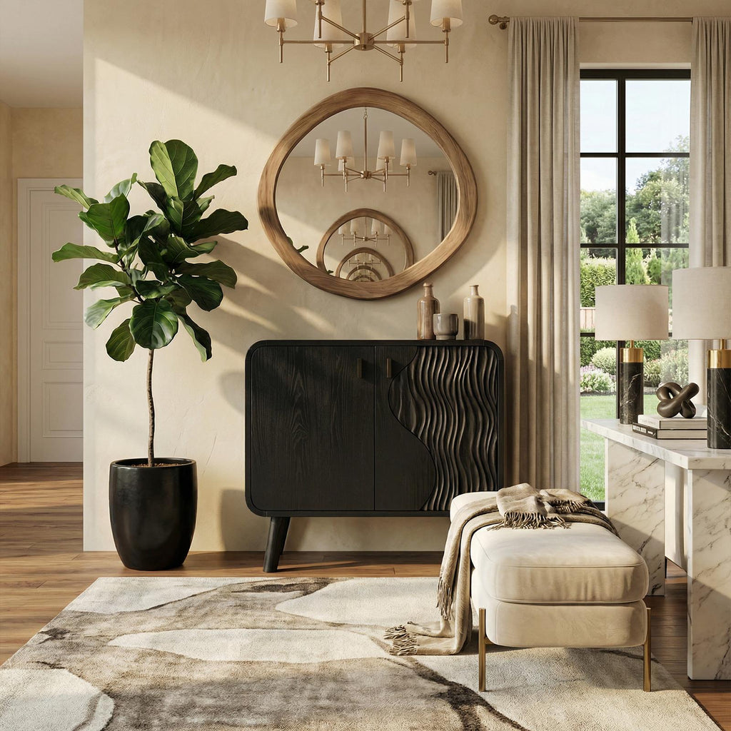 Rustic Woven Door Storage Cabinet, Solid Wood Entryway Credenza Accent Sideboard, Living Room Console