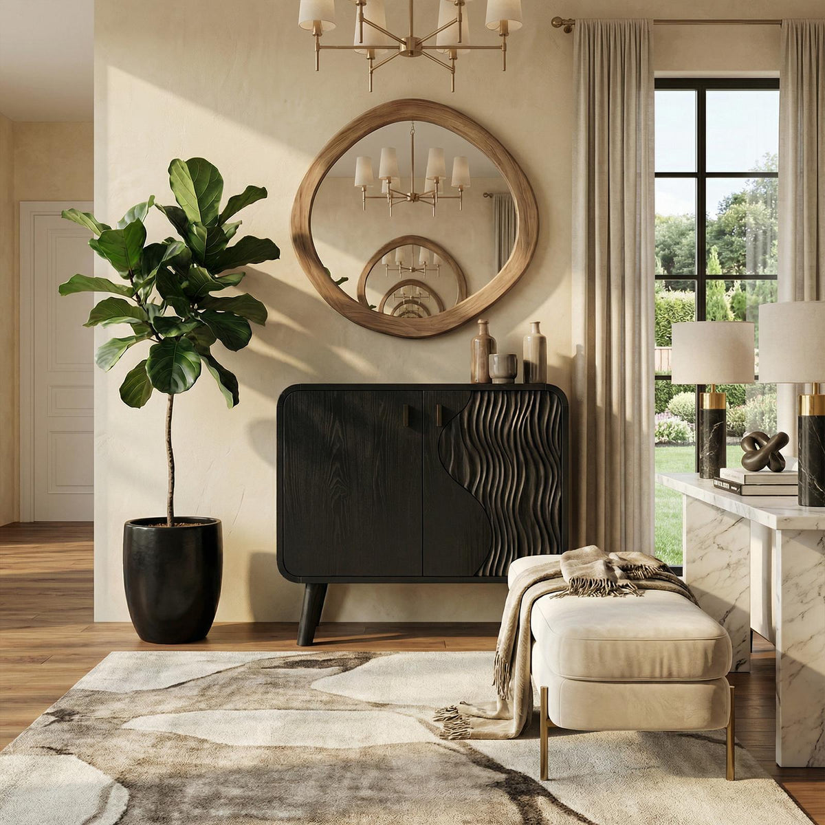 Rustic Woven Door Storage Cabinet, Solid Wood Entryway Credenza Accent Sideboard, Living Room Console