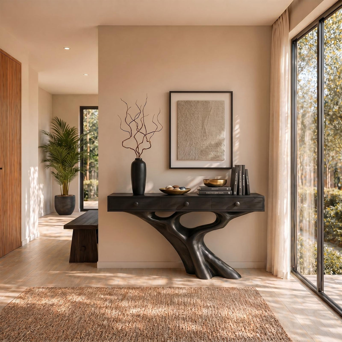 Organic Console Table with Storage Cabinet, Sculptural Curved Wood Base for Entryway & Living Room