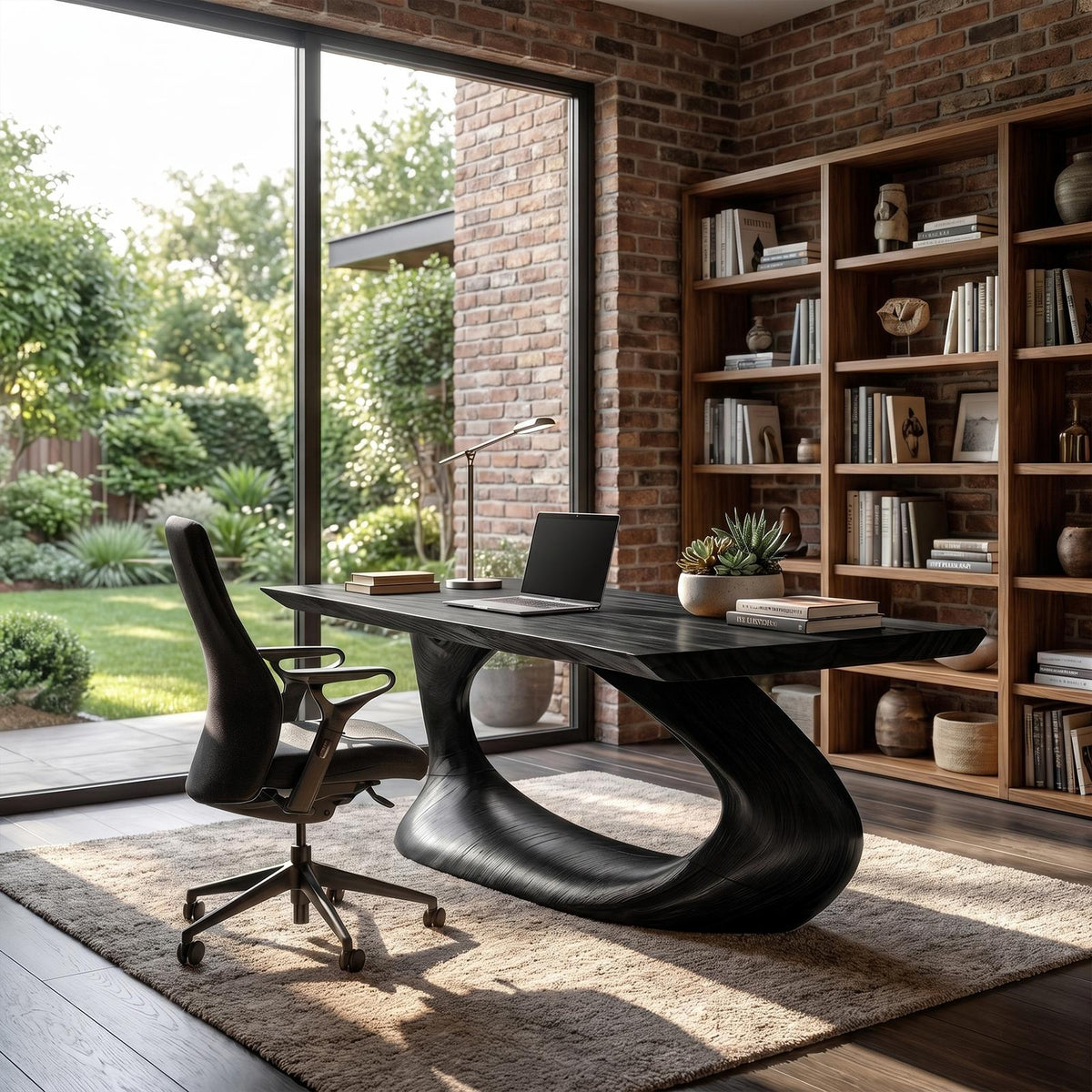 Rustic Desk With Sculptural Curved Base For Home Office