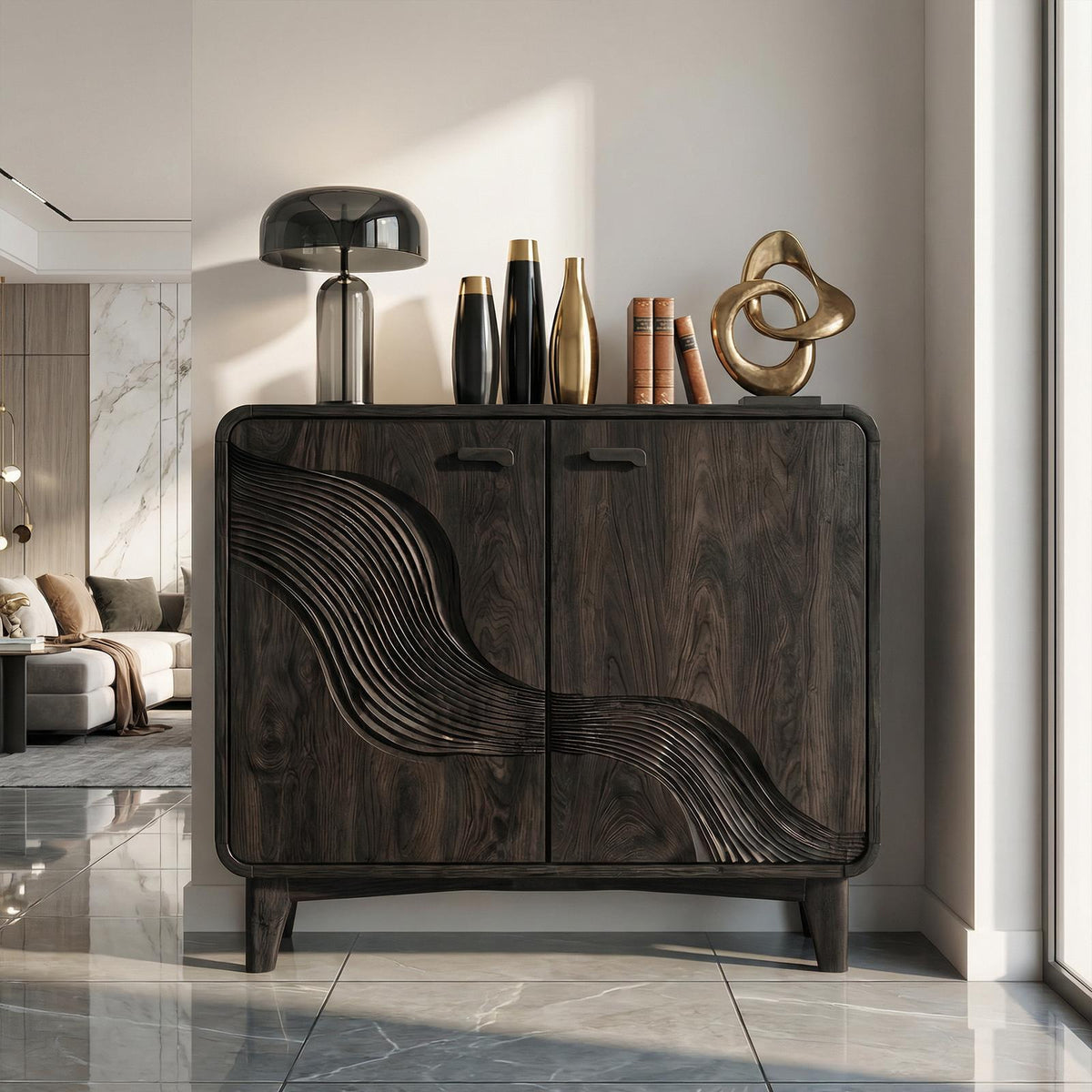 Mid-Century Sculptural Storage Cabinet, Solid Wood Sideboard Buffet Credenza for Living Room, Dining Room