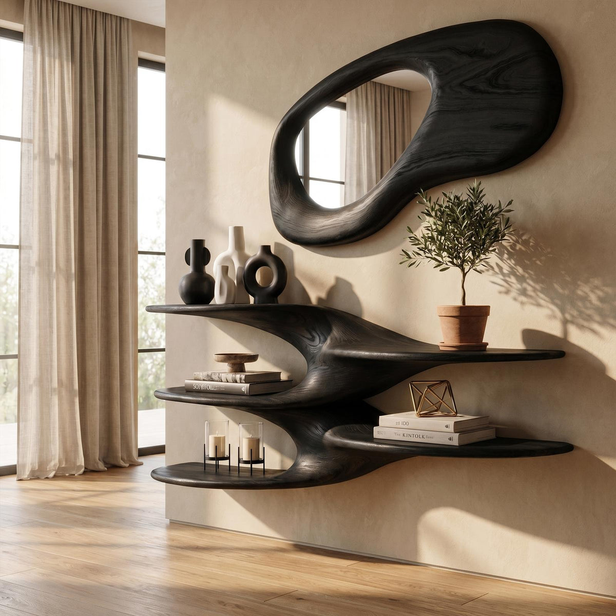 Sculptural Floating Wall Shelf, Handcrafted Solid Wood Wave Display Ledge for Bedroom & Living Room
