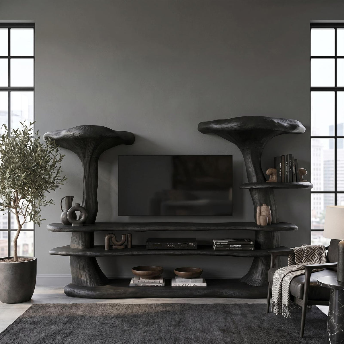 Organic Mushroom TV Stand, Sculptural Solid Wood Entertainment Center, TV Console Media Cabinet for Living Room