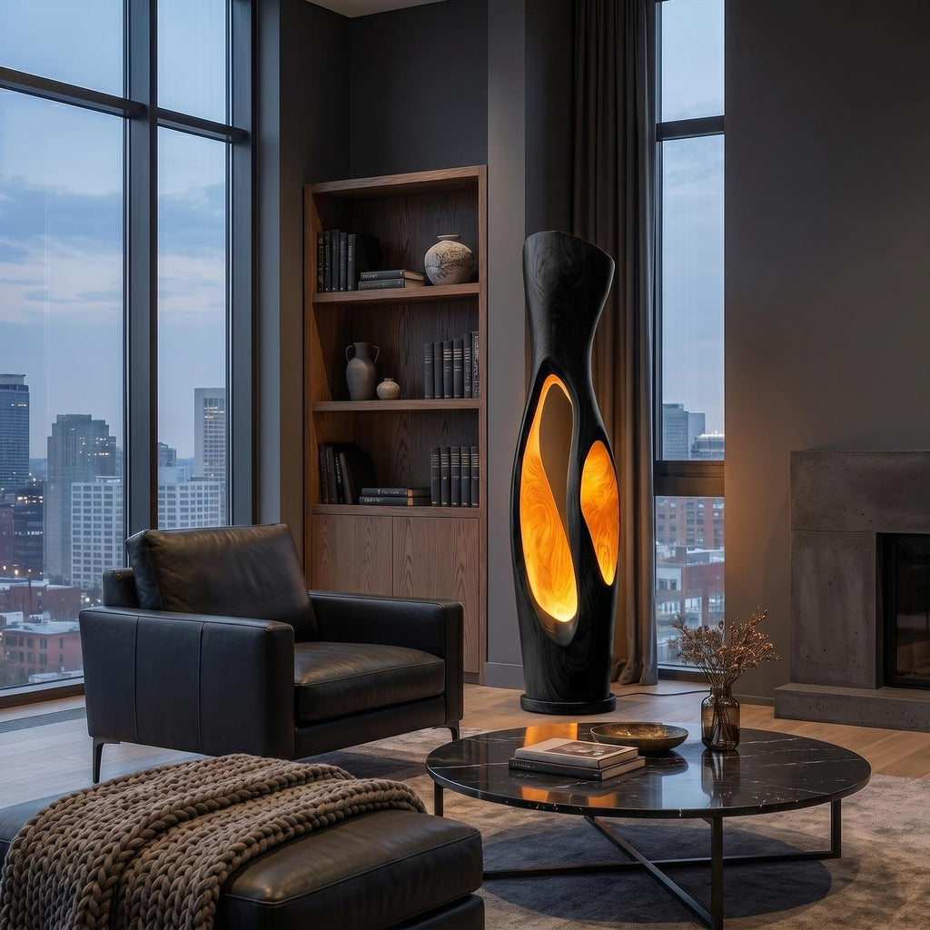 Modern Organic Wood Floor Lamp, Illuminated Hollow Trunk Design, LED Standing Light for Living Room and Bedroom