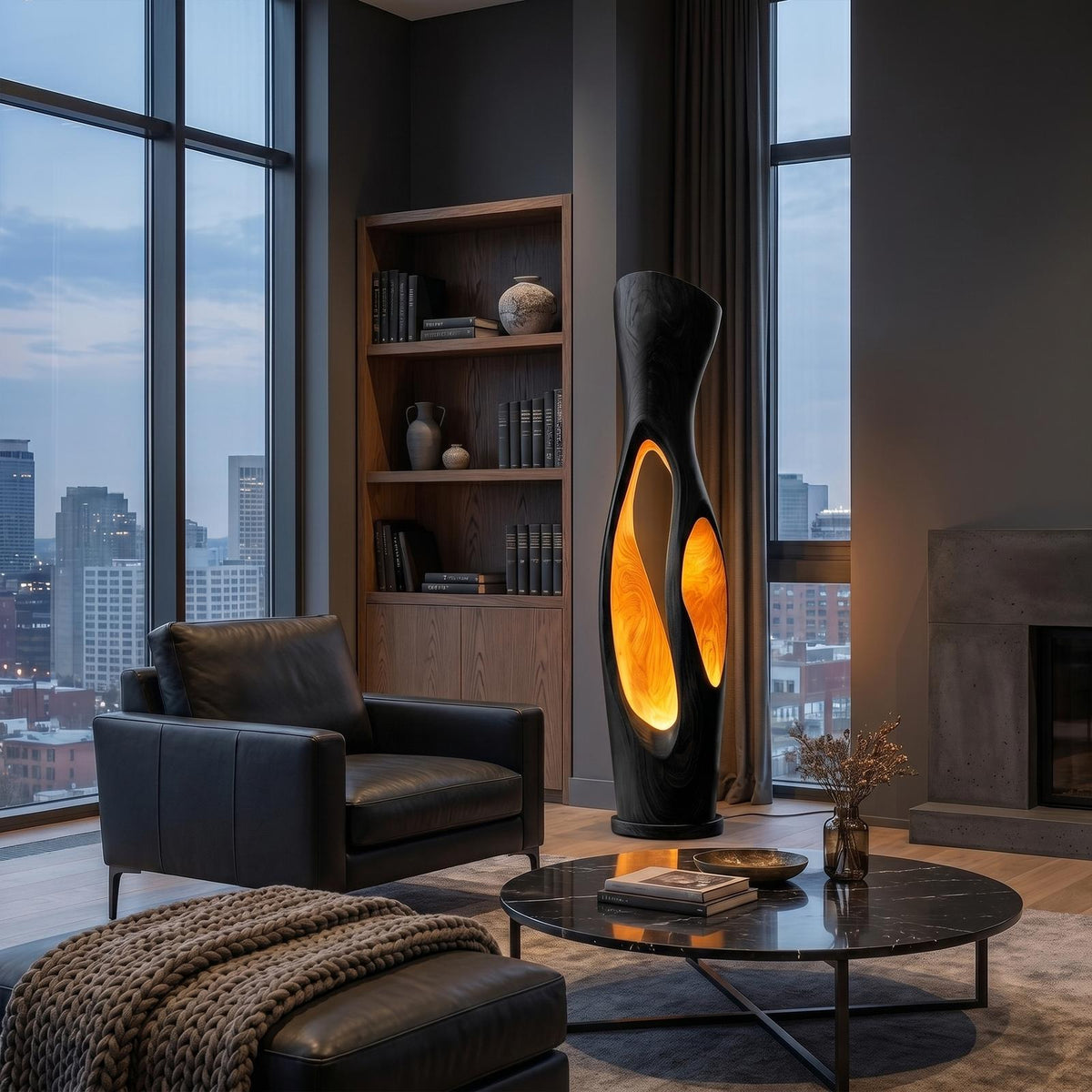 Modern Organic Wood Floor Lamp, Illuminated Hollow Trunk Design, LED Standing Light for Living Room and Bedroom