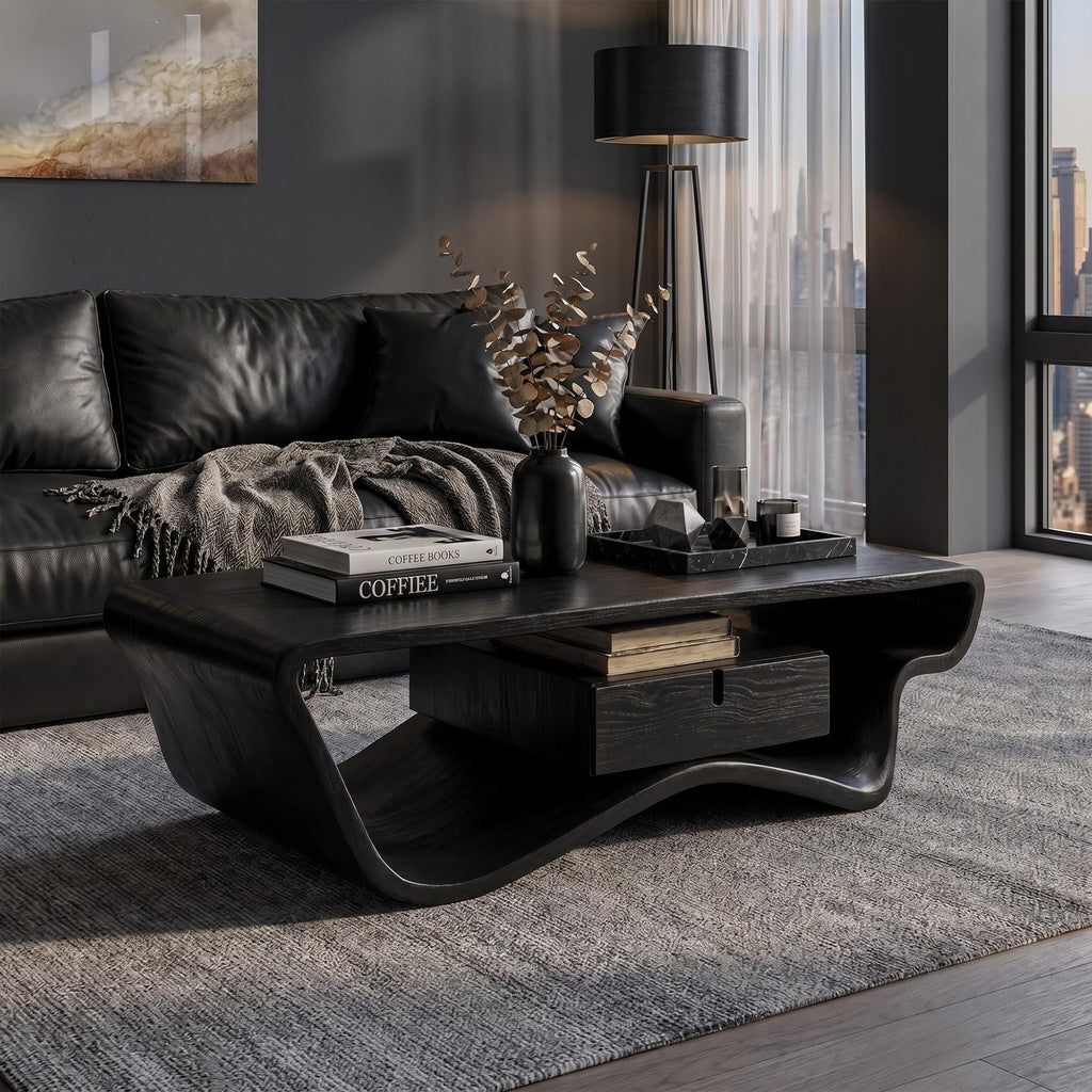 Curved Sculptural Coffee Table with Storage Drawer, Modern Solid Wood Center Accent Table
