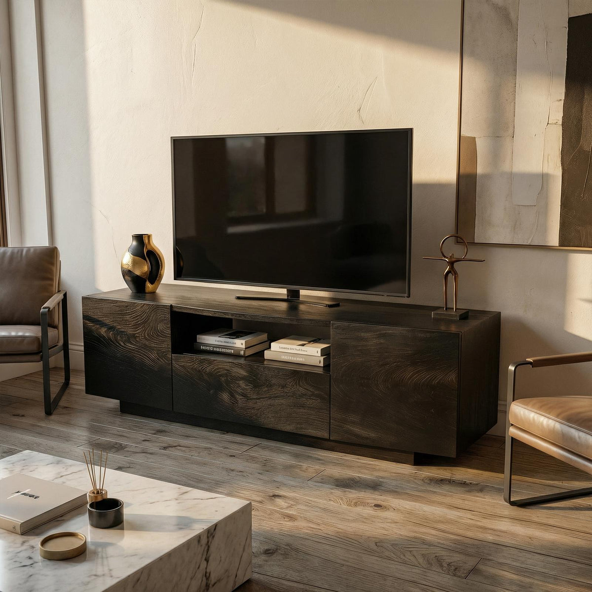 Spry Interior Modern Rustic TV Cabinet, Solid Wood Low Profile Block TV Stand, Living Room Media Console Unit, SINLKITC030