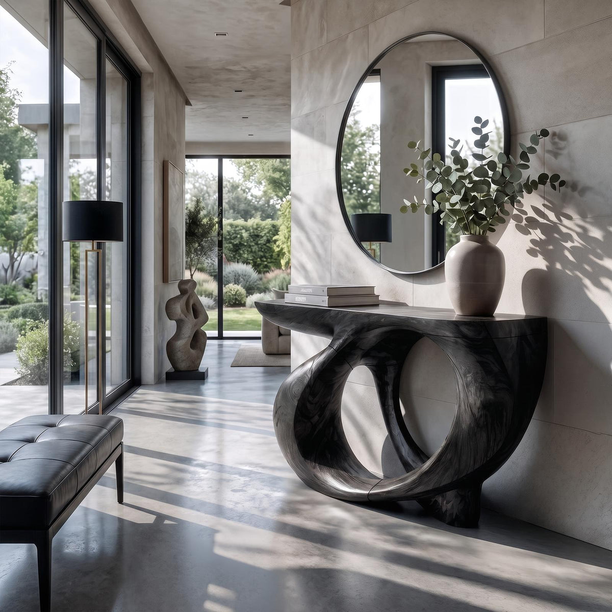 Modern Sculptural Console Table Circular Hollow Base Design For Entryway Foyer Hallway SINLKICS683