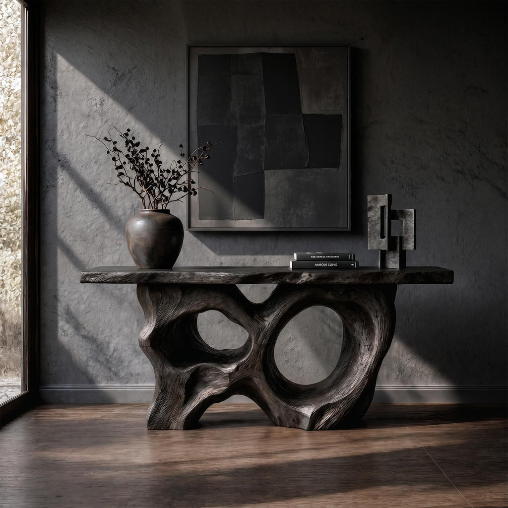 Modern Console Table With Sculptural Asymmetrical Wood Base For Living Room