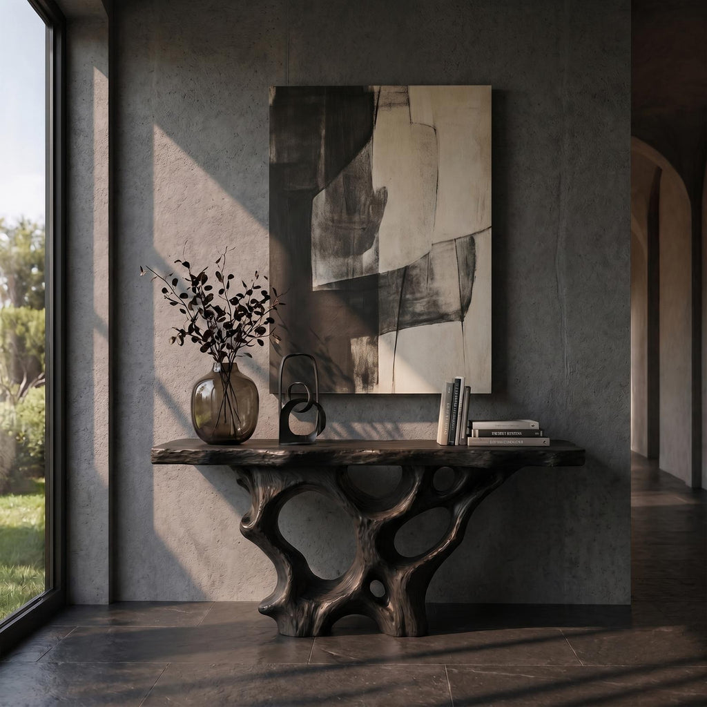 Organic Solid Wood Console Table with Sculptural Natural Wood Base, Unique Entryway Sofa Table for Living Room