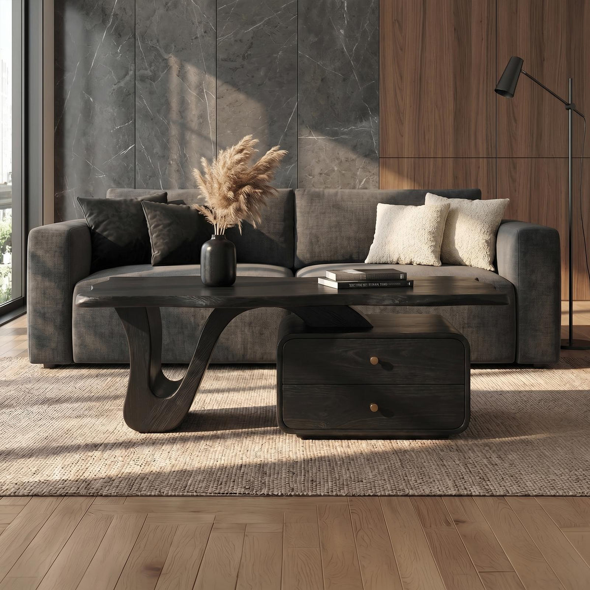 Modern Coffee Table with Storage, Handcrafted Solid Wood Center Accent Table for Living Room Lounge