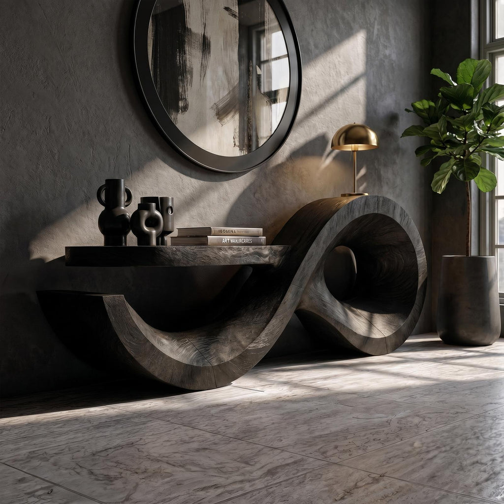 Contemporary Solid Wood Console Table with Sculptural Wave Base, Modern Entryway Sofa Table for Living Room