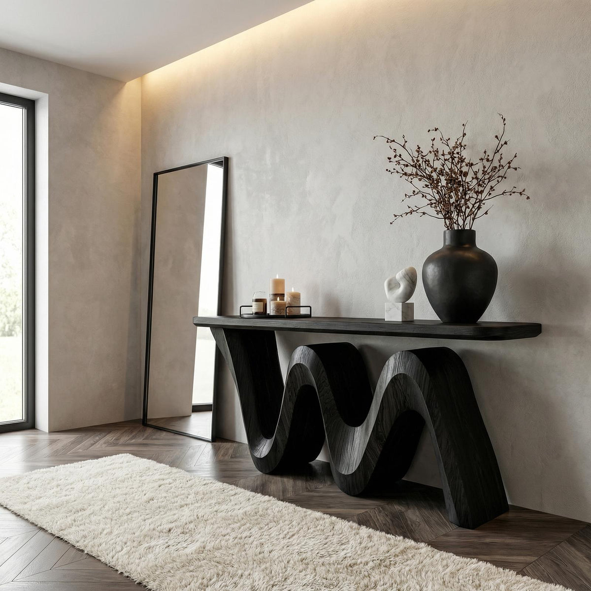 Organic Flow Console Table, Solid Wood Sculptural Wave Base Entryway Sofa Table for Hallway