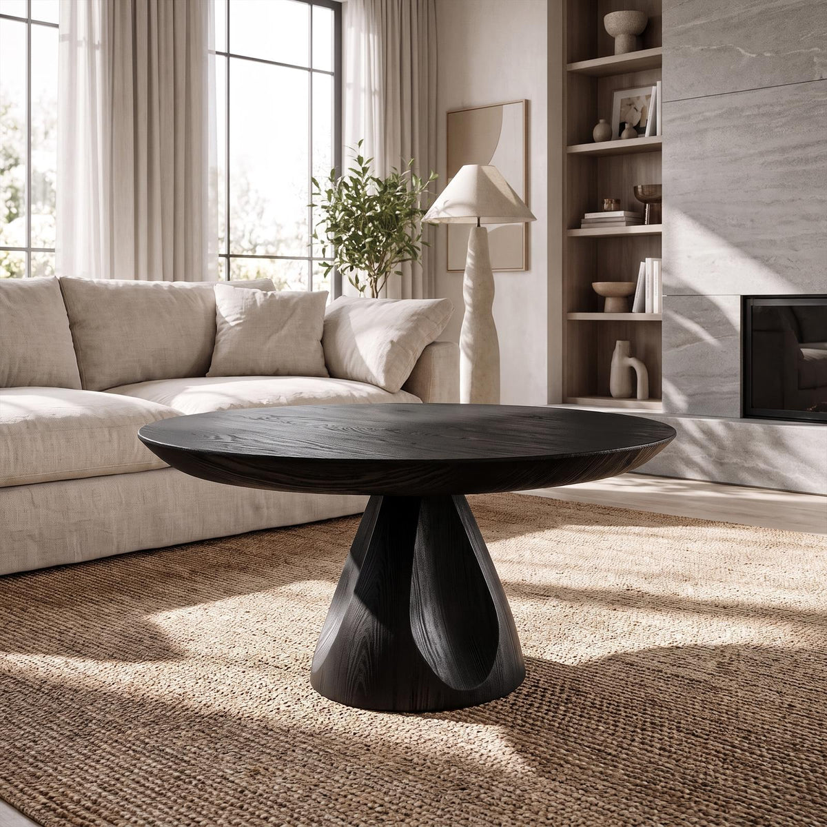 Contemporary Round Coffee Table, Solid Wood Minimalist Sculptural Accent Table for Living Room, Lounge, Family Room