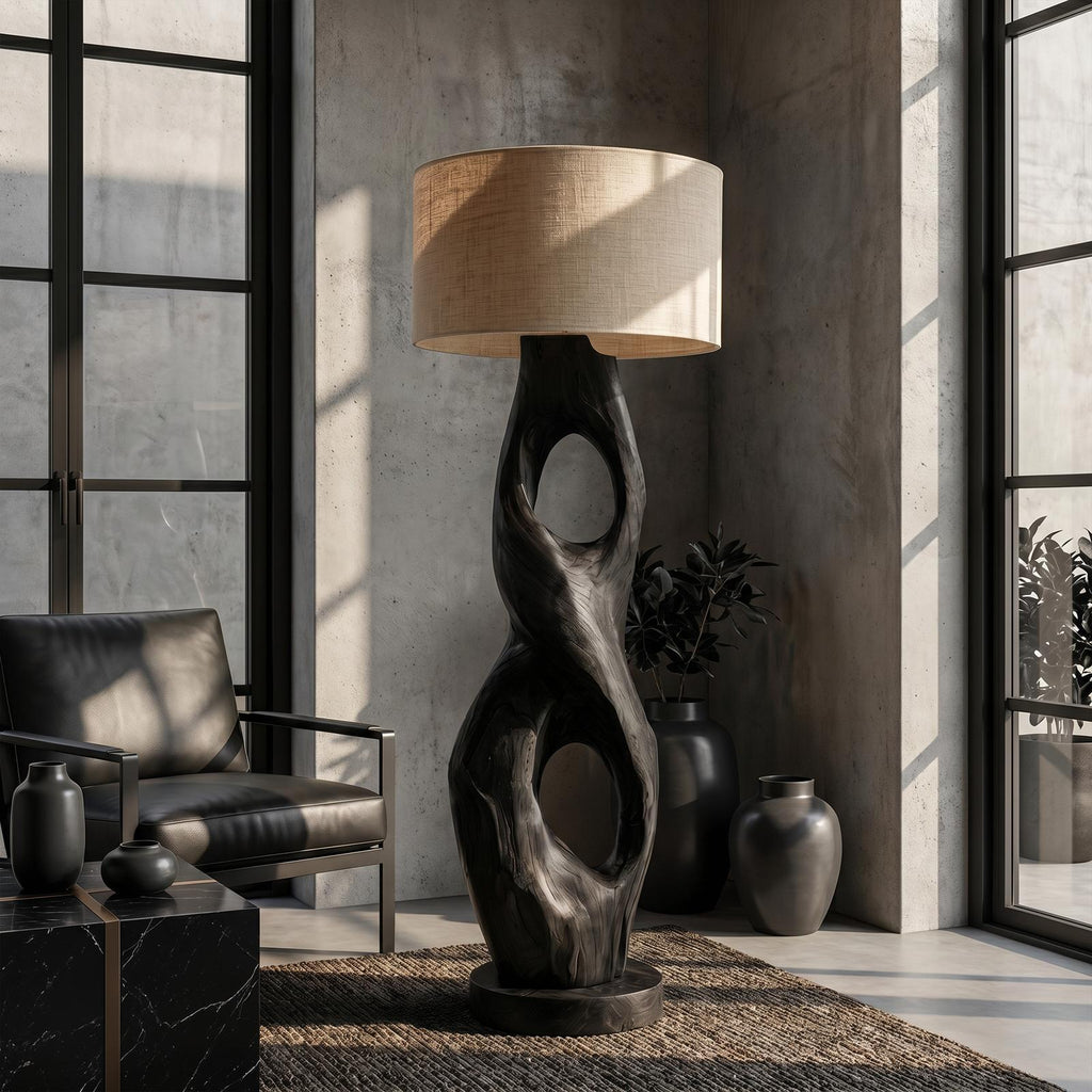 Rustic Floor Lamp with Handcrafted Hollow Wood Sculpture Base, Artistic Standing Light